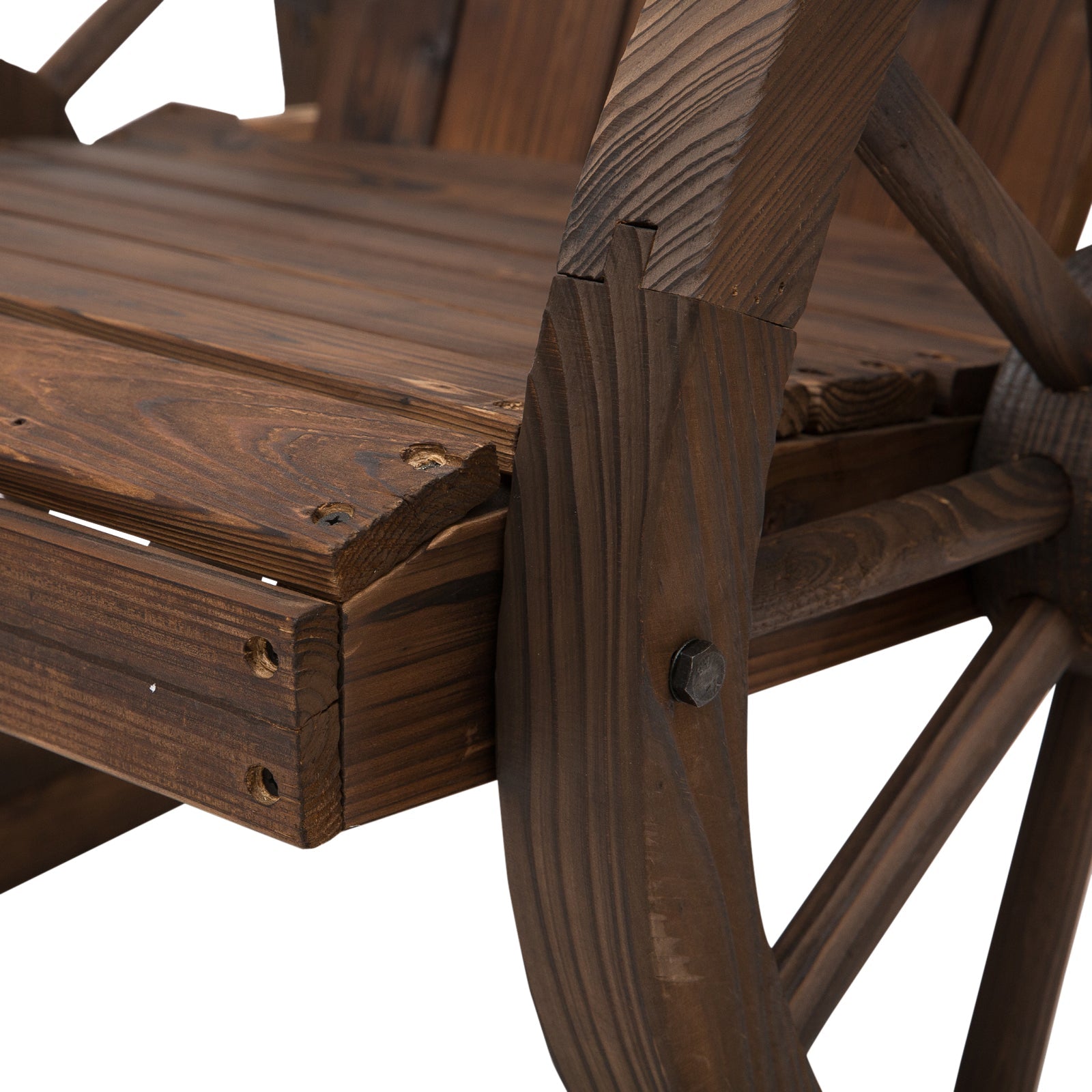 Patio Wooden Adirondack Rocking Chair, Wagon Outdoor Rocker Chair with Slatted Design and Wheel Armrests for Porch, Poolside, or Garden Lounging, Carbonized Wood Colour