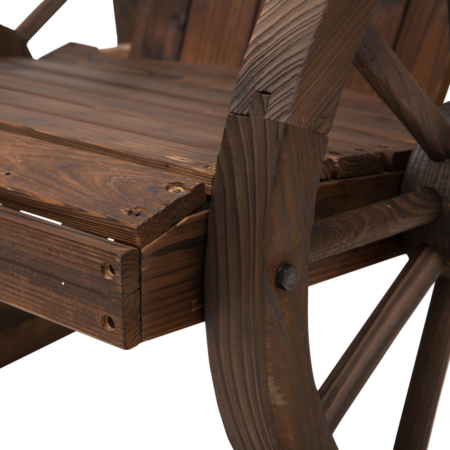 Patio Wooden Adirondack Rocking Chair, Wagon Outdoor Rocker Chair with Slatted Design and Wheel Armrests for Porch, Poolside, or Garden Lounging, Carbonized Wood Colour