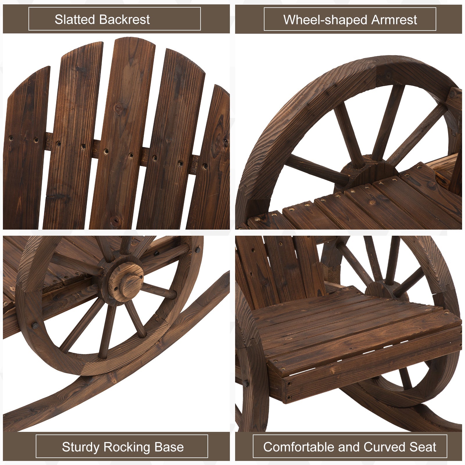 Patio Wooden Adirondack Rocking Chair, Wagon Outdoor Rocker Chair with Slatted Design and Wheel Armrests for Porch, Poolside, or Garden Lounging, Carbonized Wood Colour