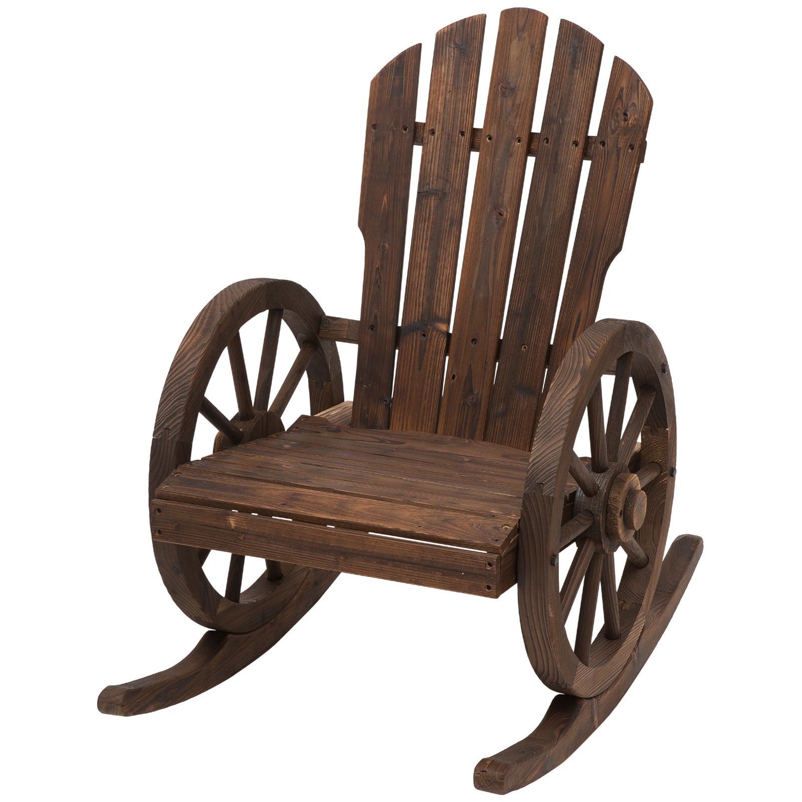 Patio Wooden Adirondack Rocking Chair, Wagon Outdoor Rocker Chair with Slatted Design and Wheel Armrests for Porch, Poolside, or Garden Lounging, Carbonized Wood Colour