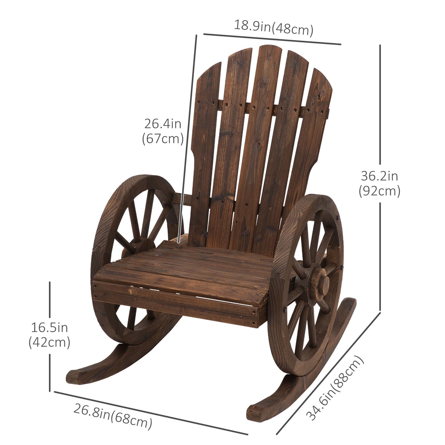 Patio Wooden Adirondack Rocking Chair, Wagon Outdoor Rocker Chair with Slatted Design and Wheel Armrests for Porch, Poolside, or Garden Lounging, Carbonized Wood Colour
