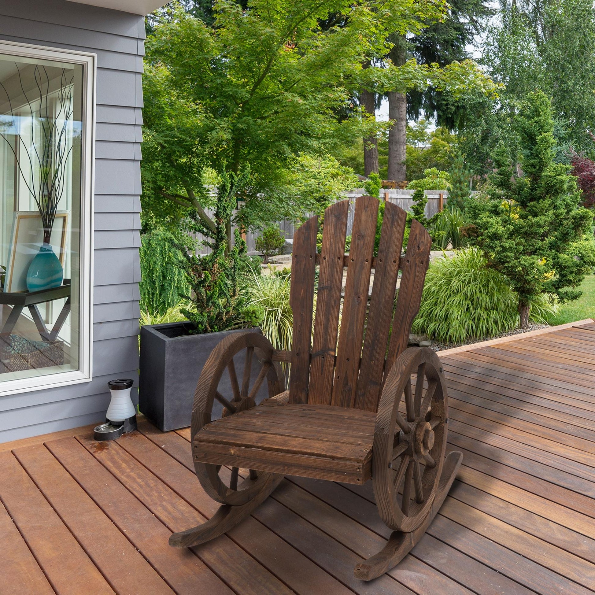 Patio Wooden Adirondack Rocking Chair, Wagon Outdoor Rocker Chair with Slatted Design and Wheel Armrests for Porch, Poolside, or Garden Lounging, Carbonized Wood Colour