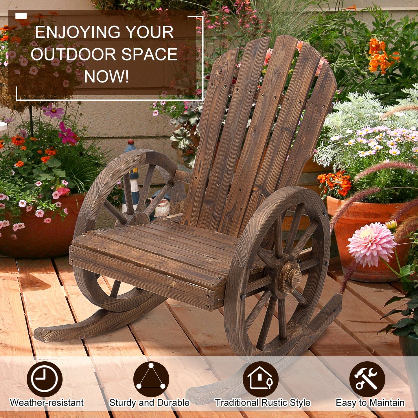 Patio Wooden Adirondack Rocking Chair, Wagon Outdoor Rocker Chair with Slatted Design and Wheel Armrests for Porch, Poolside, or Garden Lounging, Carbonized Wood Colour