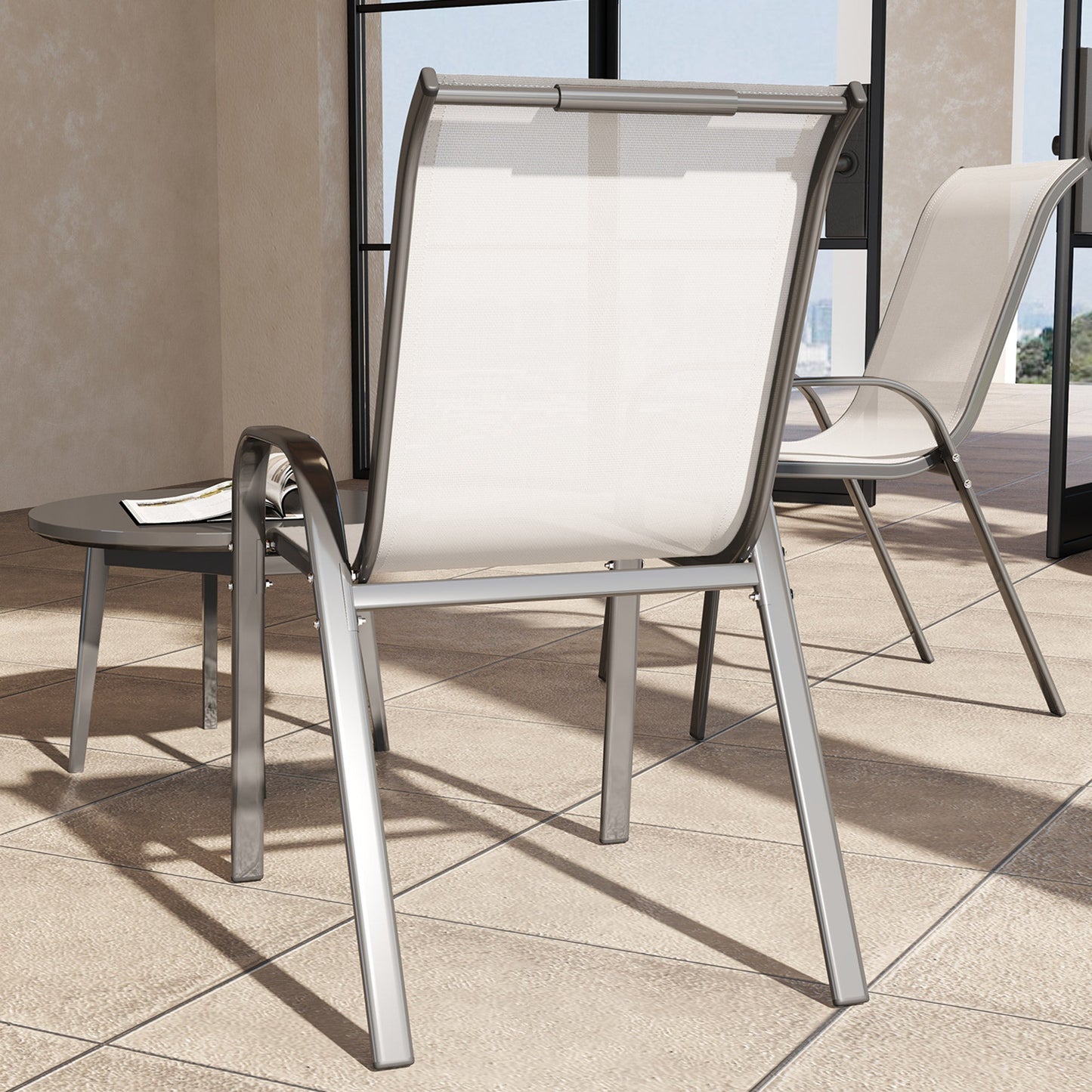 Outdoor Dining Chairs Set of 2, Stackable Patio Dining Chairs, High Back Lawn Chairs with Breathable Mesh Seat, Metal Frame for Garden Backyard Porch, Light Grey