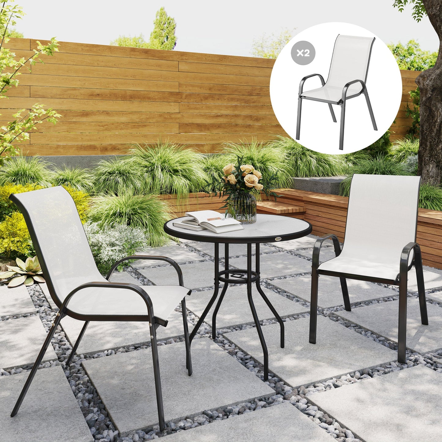 Outdoor Dining Chairs Set of 2, Stackable Patio Dining Chairs, High Back Lawn Chairs with Breathable Mesh Seat, Metal Frame for Garden Backyard Porch, Light Grey