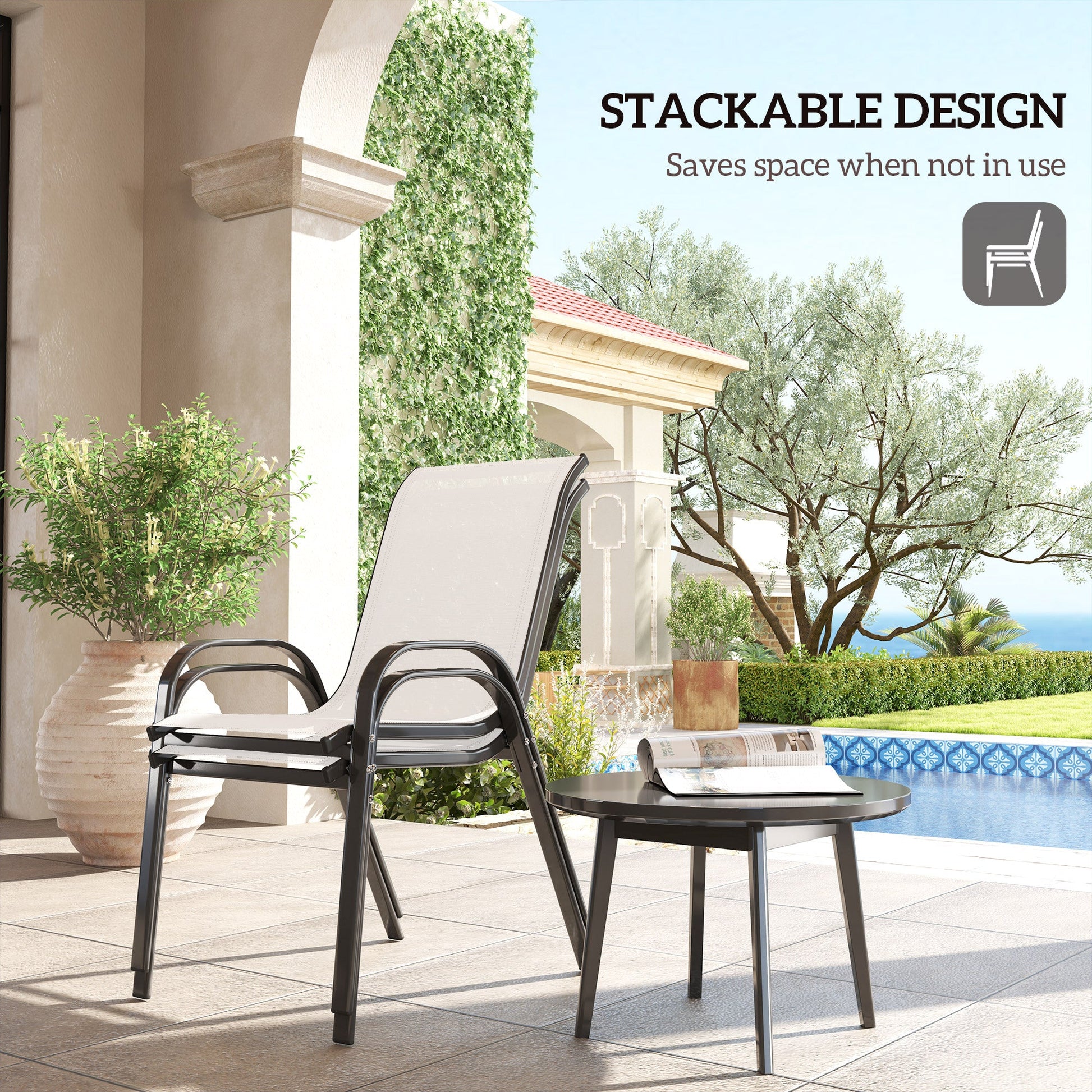 Outdoor Dining Chairs Set of 2, Stackable Patio Dining Chairs, High Back Lawn Chairs with Breathable Mesh Seat, Metal Frame for Garden Backyard Porch, Light Grey