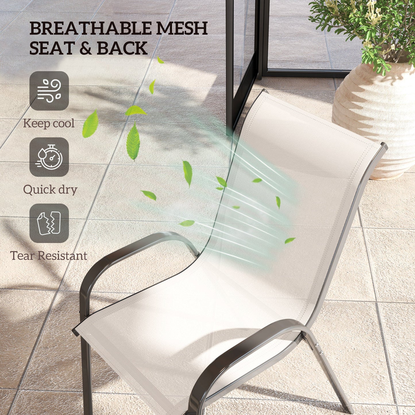 Outdoor Dining Chairs Set of 2, Stackable Patio Dining Chairs, High Back Lawn Chairs with Breathable Mesh Seat, Metal Frame for Garden Backyard Porch, Light Grey