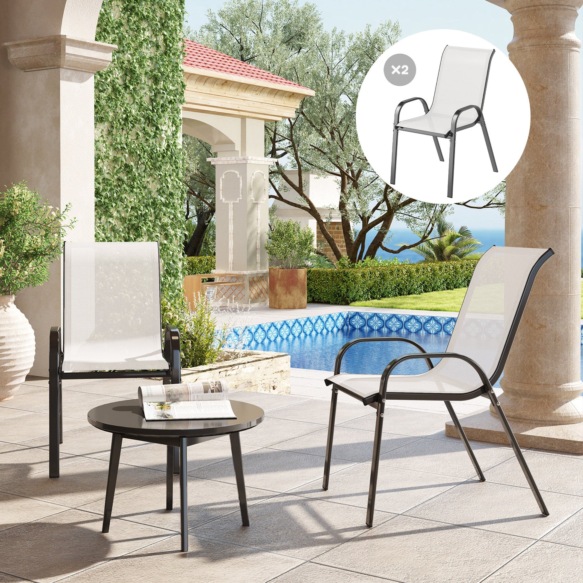 Outdoor Dining Chairs Set of 2, Stackable Patio Dining Chairs, High Back Lawn Chairs with Breathable Mesh Seat, Metal Frame for Garden Backyard Porch, Light Grey