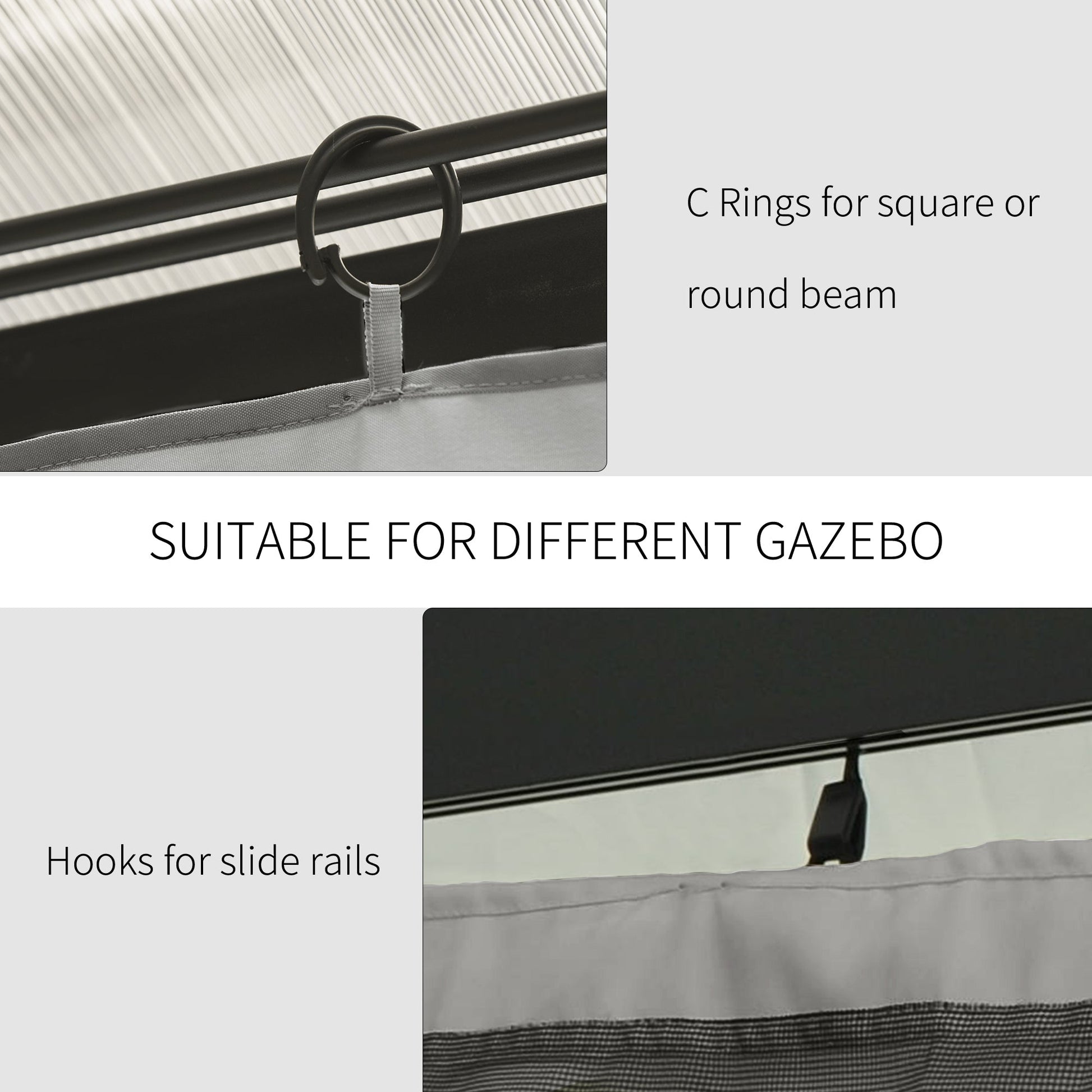 10' x 10' Universal Gazebo Sidewall Set with 4 Panels, Hooks/C-Rings Included for Pergolas & Cabanas, Light Grey