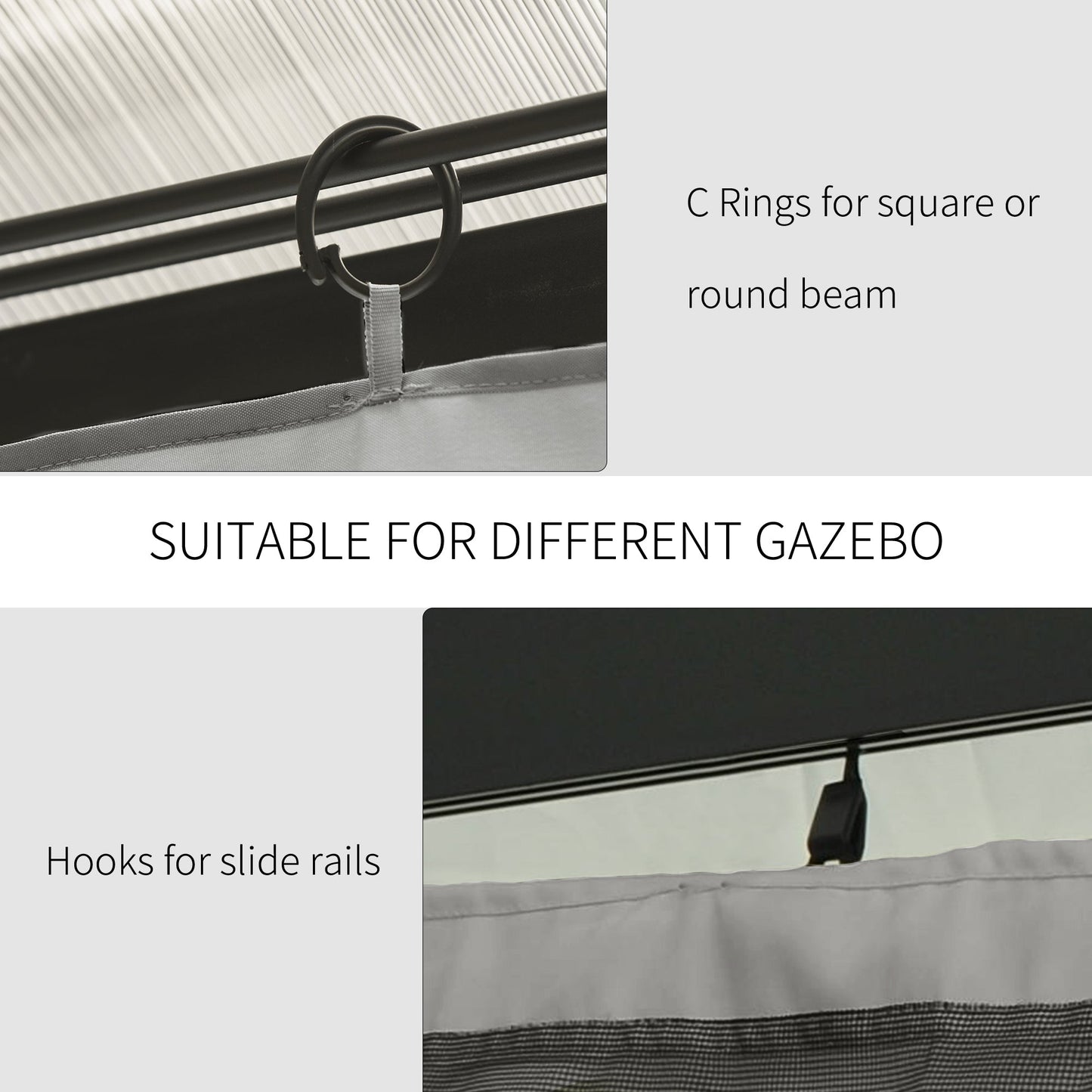 10' x 10' Universal Gazebo Sidewall Set with 4 Panels, Hooks/C-Rings Included for Pergolas & Cabanas, Light Grey