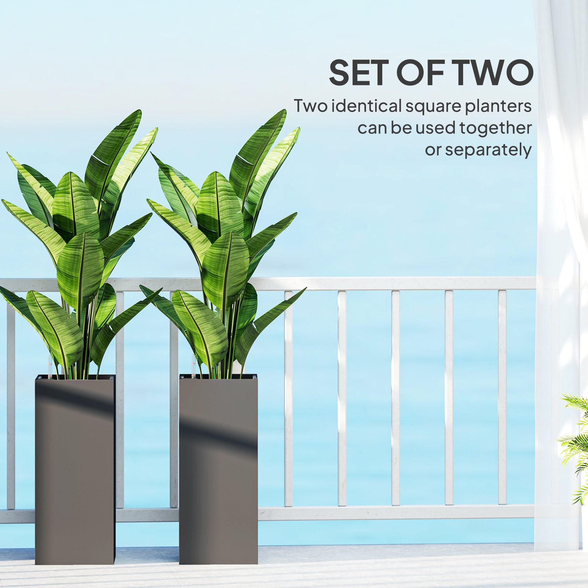 2 Pack Planter Box, 26 Inch Plastic Planter Pots with Water Level Indicator, Flower Pots with Drainage Hole and Drain Plug for Indoor Outdoor, Dark Grey