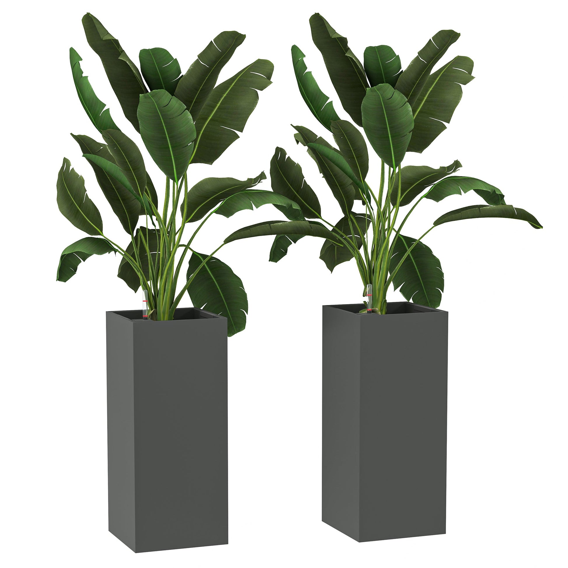 2 Pack Planter Box, 26 Inch Plastic Planter Pots with Water Level Indicator, Flower Pots with Drainage Hole and Drain Plug for Indoor Outdoor, Dark Grey