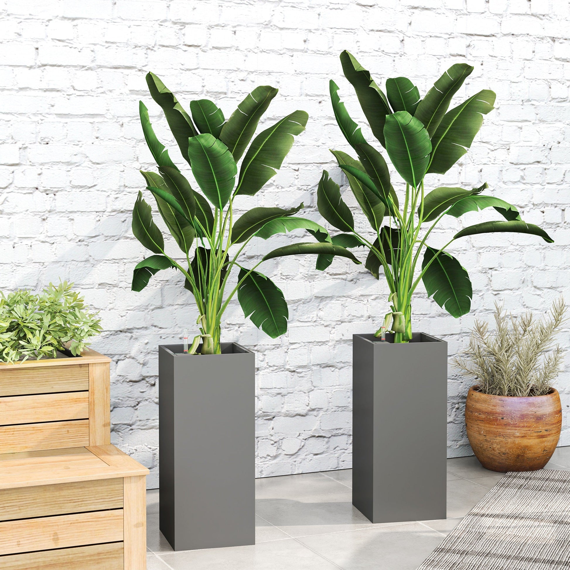 2 Pack Planter Box, 26 Inch Plastic Planter Pots with Water Level Indicator, Flower Pots with Drainage Hole and Drain Plug for Indoor Outdoor, Dark Grey