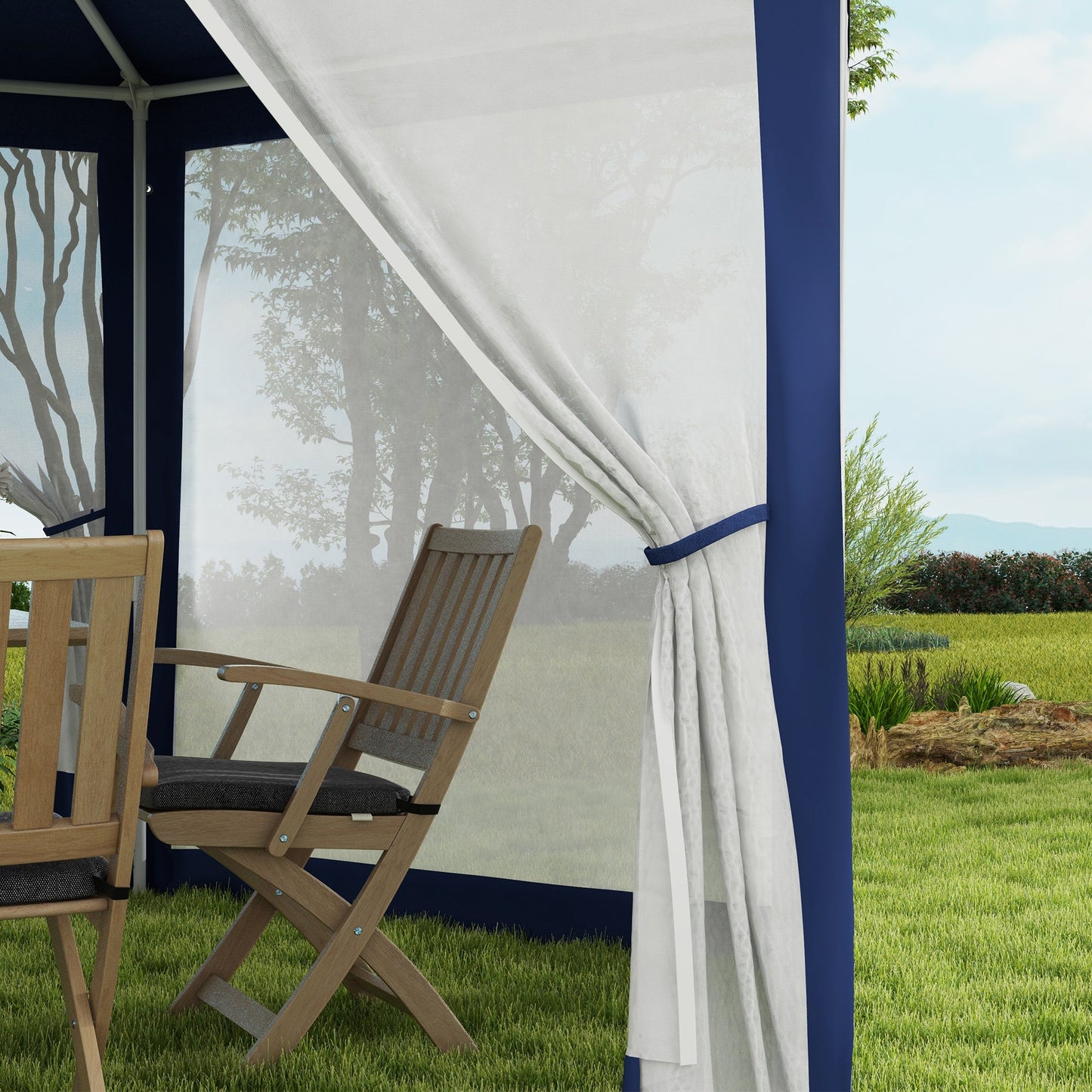 Φ13' Hexagon Party Tent Patio Gazebo Outdoor Activity Event Canopy Quick Sun Shelter Pavilion with Netting Mesh Sidewall Blue