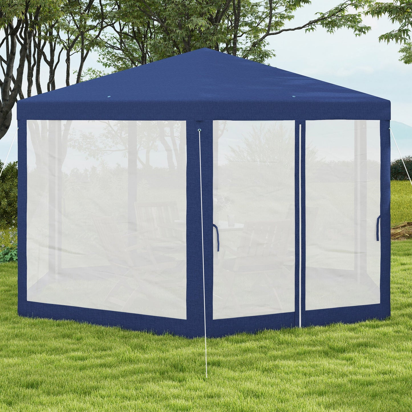 Φ13' Hexagon Party Tent Patio Gazebo Outdoor Activity Event Canopy Quick Sun Shelter Pavilion with Netting Mesh Sidewall Blue