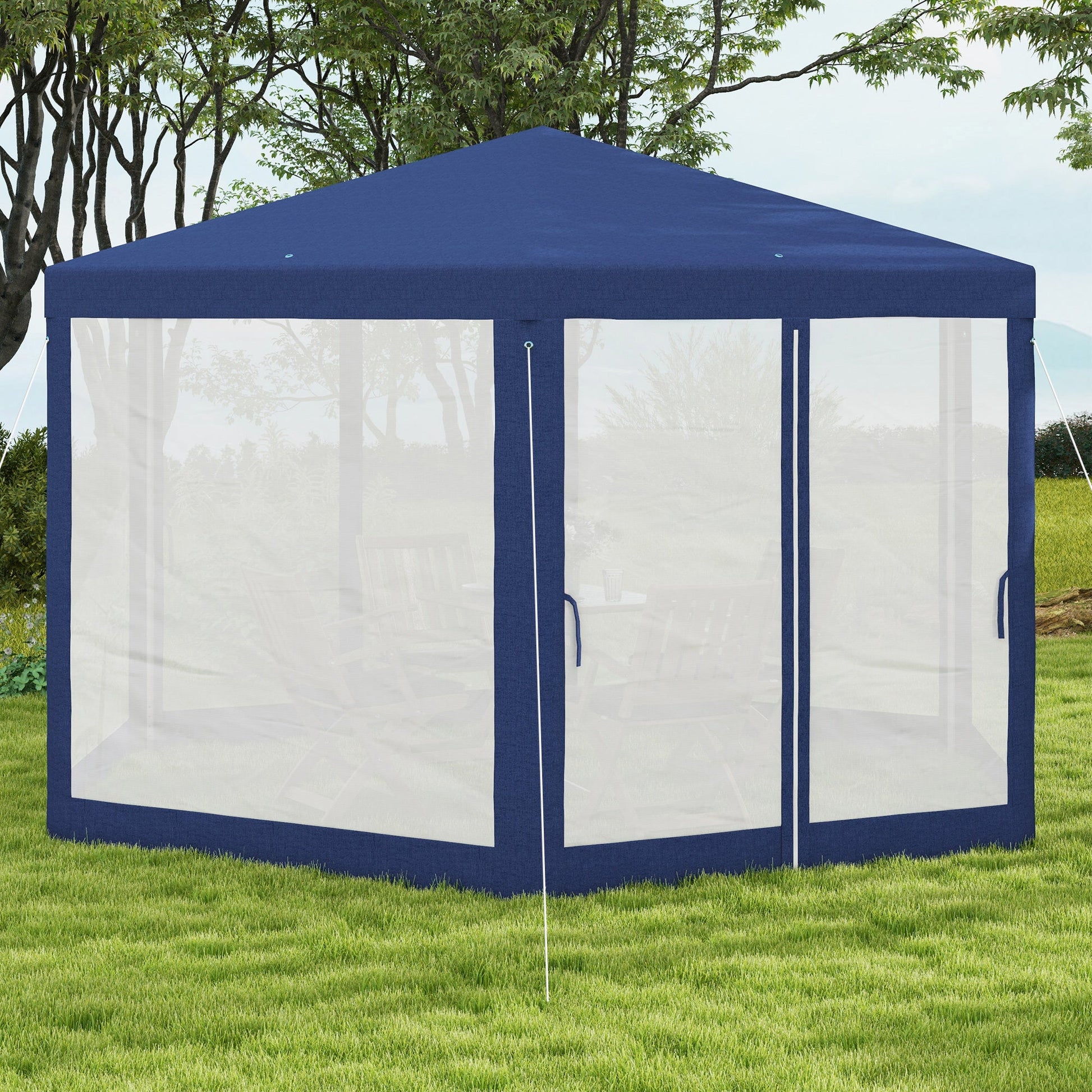 Φ13' Hexagon Party Tent Patio Gazebo Outdoor Activity Event Canopy Quick Sun Shelter Pavilion with Netting Mesh Sidewall Blue
