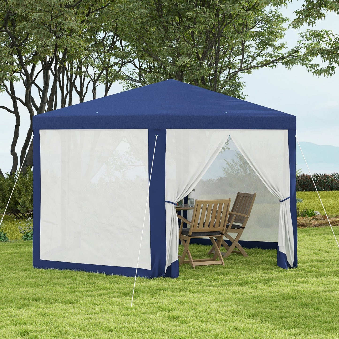 Φ13' Hexagon Party Tent Patio Gazebo Outdoor Activity Event Canopy Quick Sun Shelter Pavilion with Netting Mesh Sidewall Blue