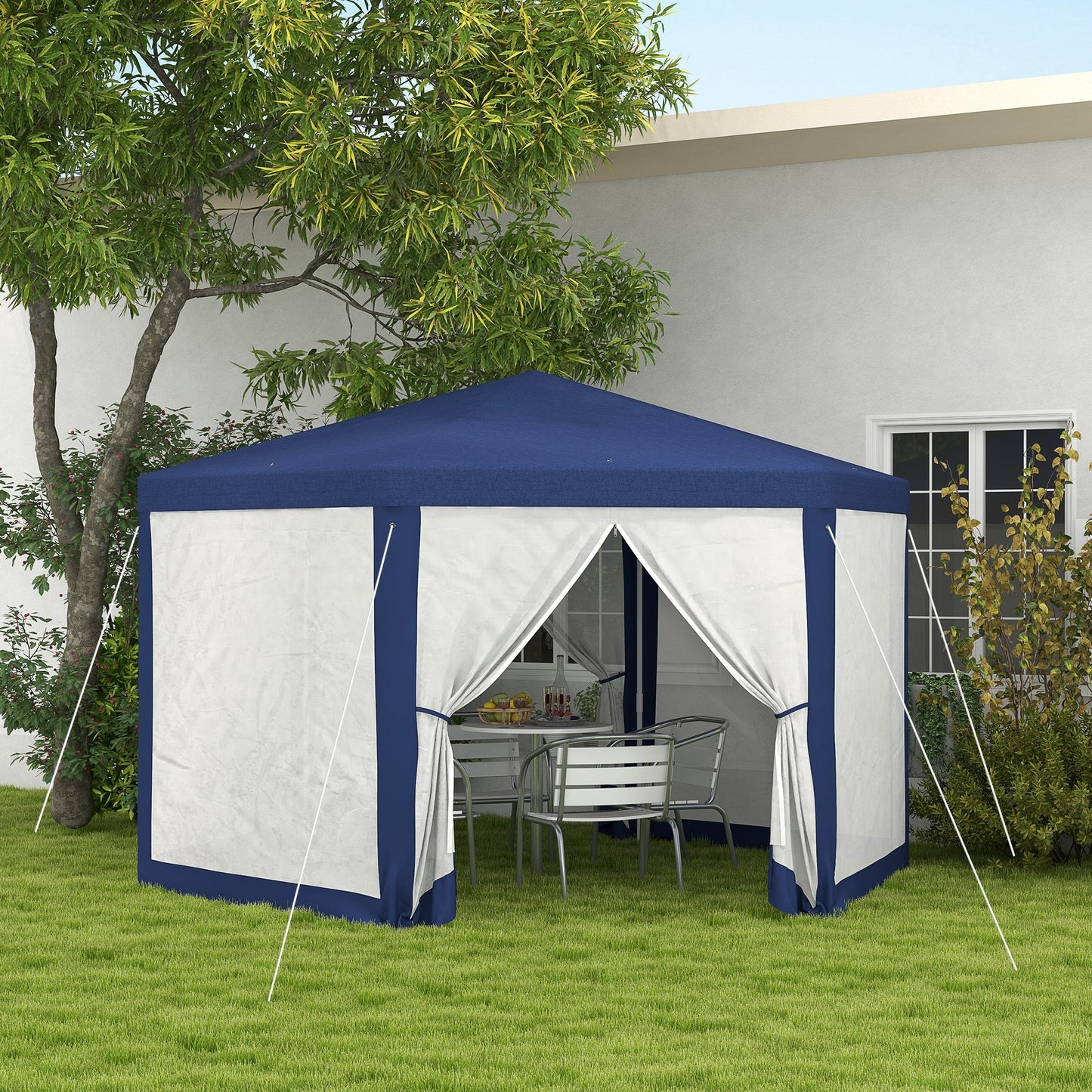 Φ13' Hexagon Party Tent Patio Gazebo Outdoor Activity Event Canopy Quick Sun Shelter Pavilion with Netting Mesh Sidewall Blue