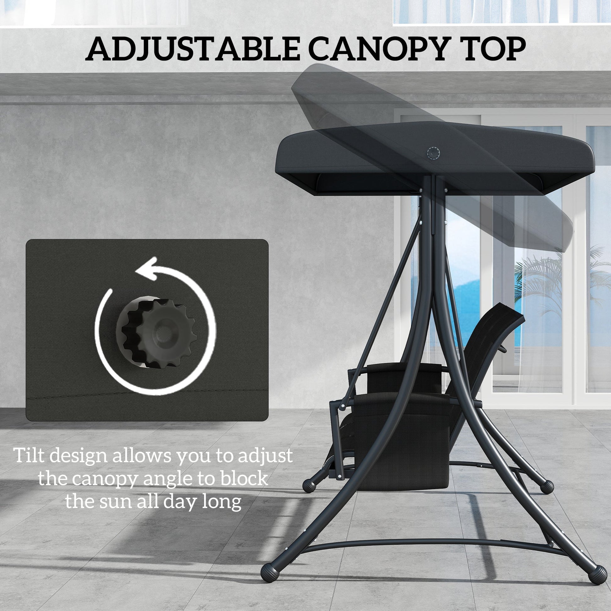 3 Person Porch Swing, Outdoor Swing Chair with High Back Design, Side Pouches and Adjustable Canopy, Black
