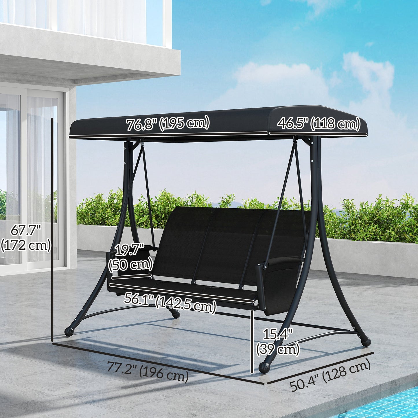 3 Person Porch Swing, Outdoor Swing Chair with High Back Design, Side Pouches and Adjustable Canopy, Black