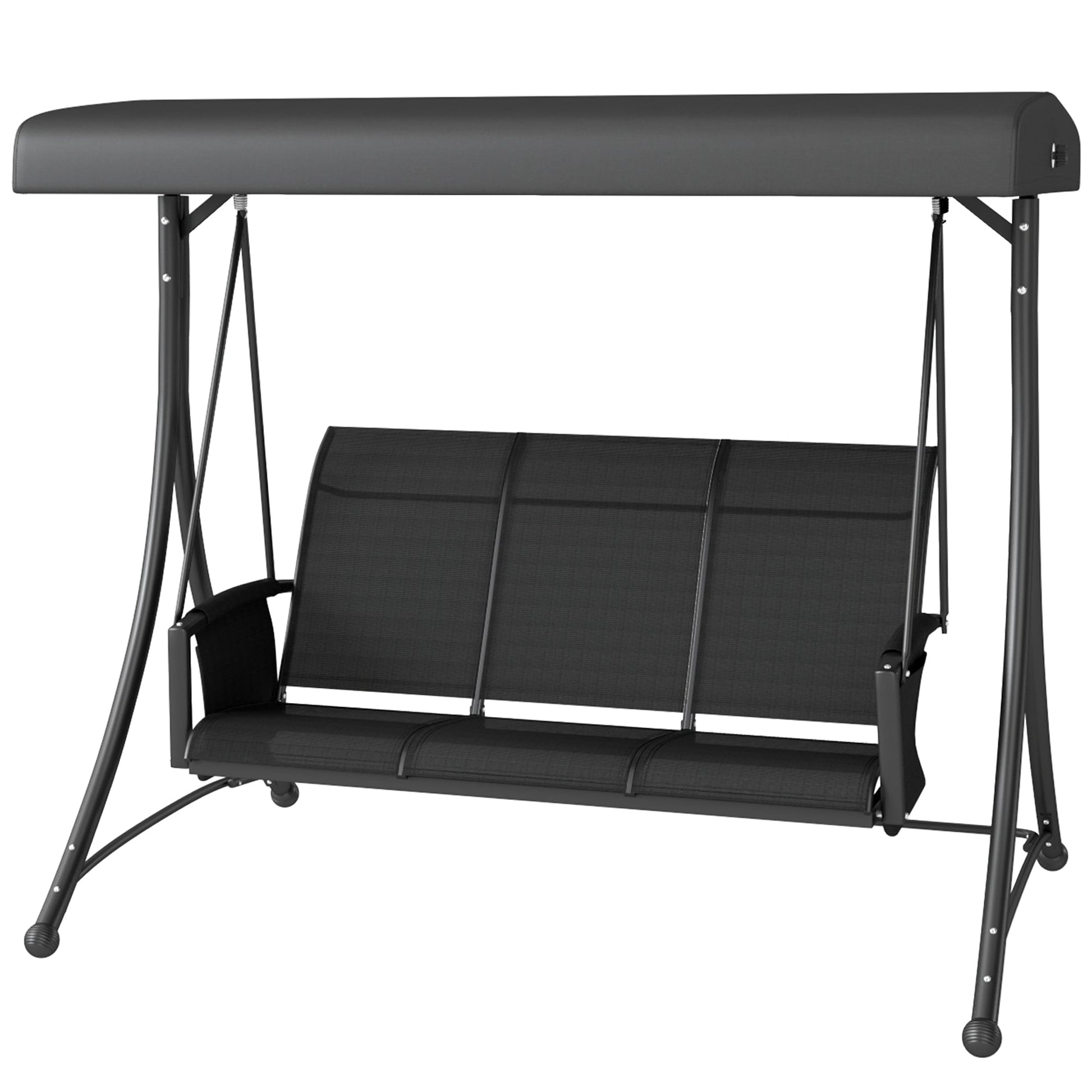 3 Person Porch Swing, Outdoor Swing Chair with High Back Design, Side Pouches and Adjustable Canopy, Black