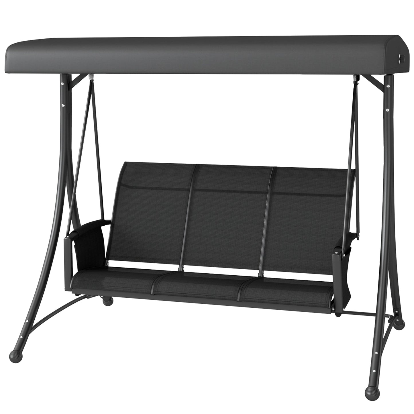 3 Person Porch Swing, Outdoor Swing Chair with High Back Design, Side Pouches and Adjustable Canopy, Black