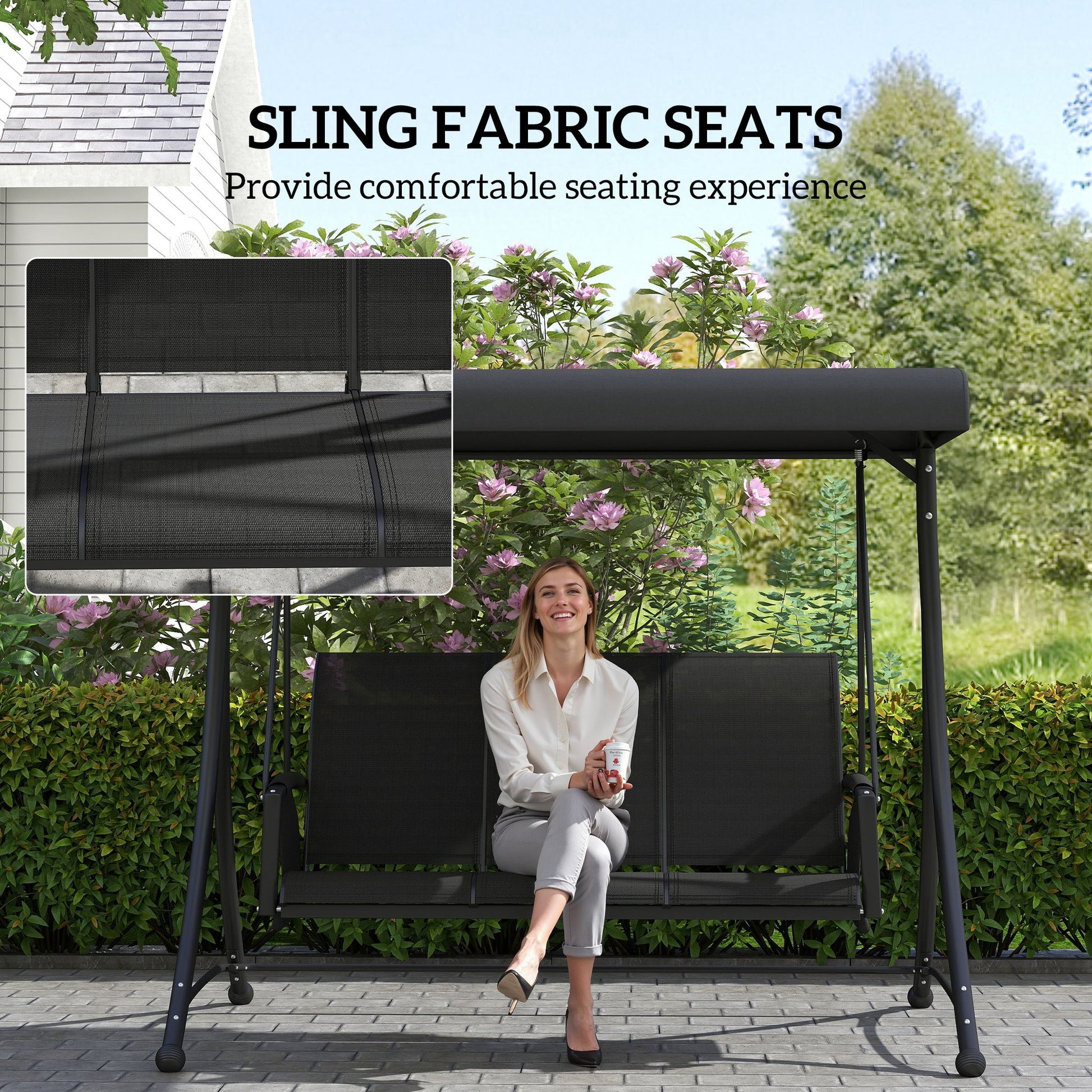 3 Person Porch Swing, Outdoor Swing Chair with High Back Design, Side Pouches and Adjustable Canopy, Black