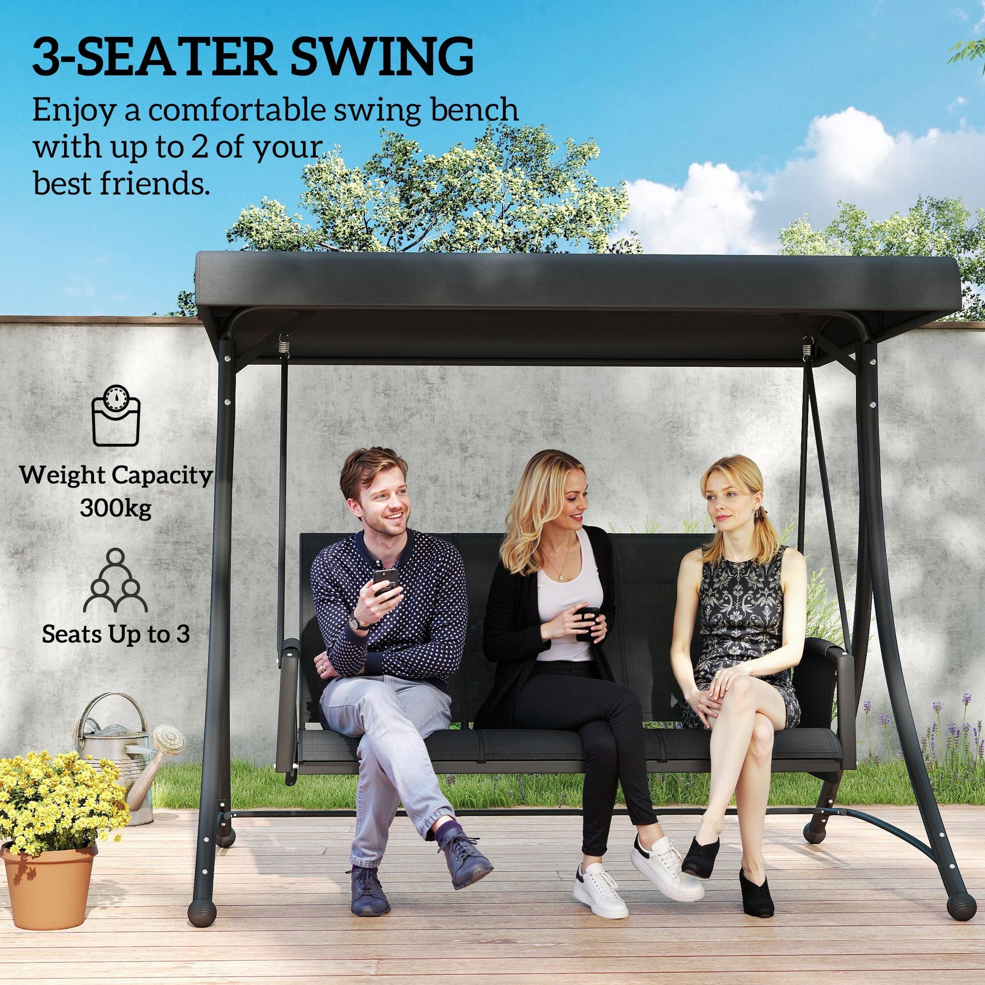 3 Person Porch Swing, Outdoor Swing Chair with High Back Design, Side Pouches and Adjustable Canopy, Black
