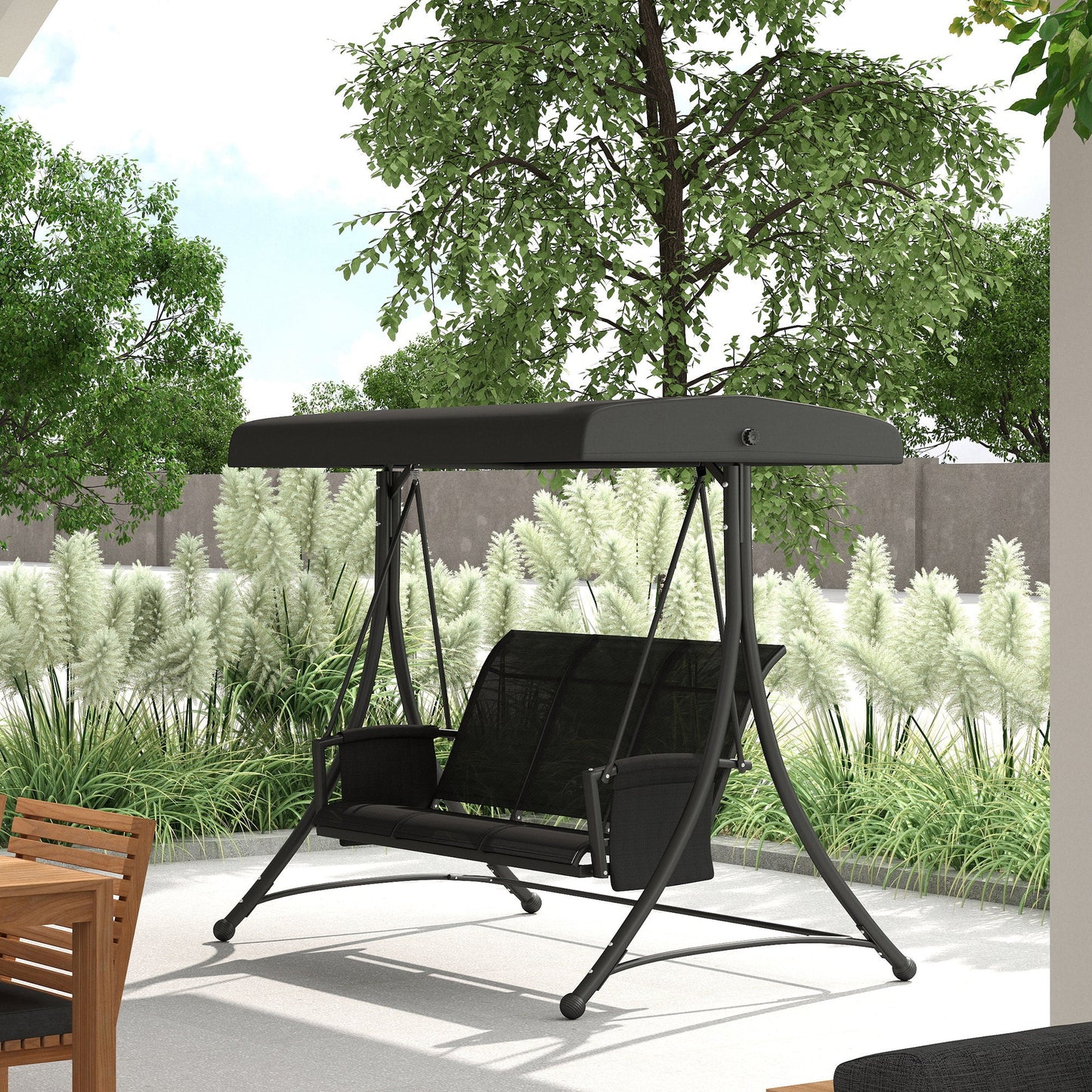 3 Person Porch Swing, Outdoor Swing Chair with High Back Design, Side Pouches and Adjustable Canopy, Black