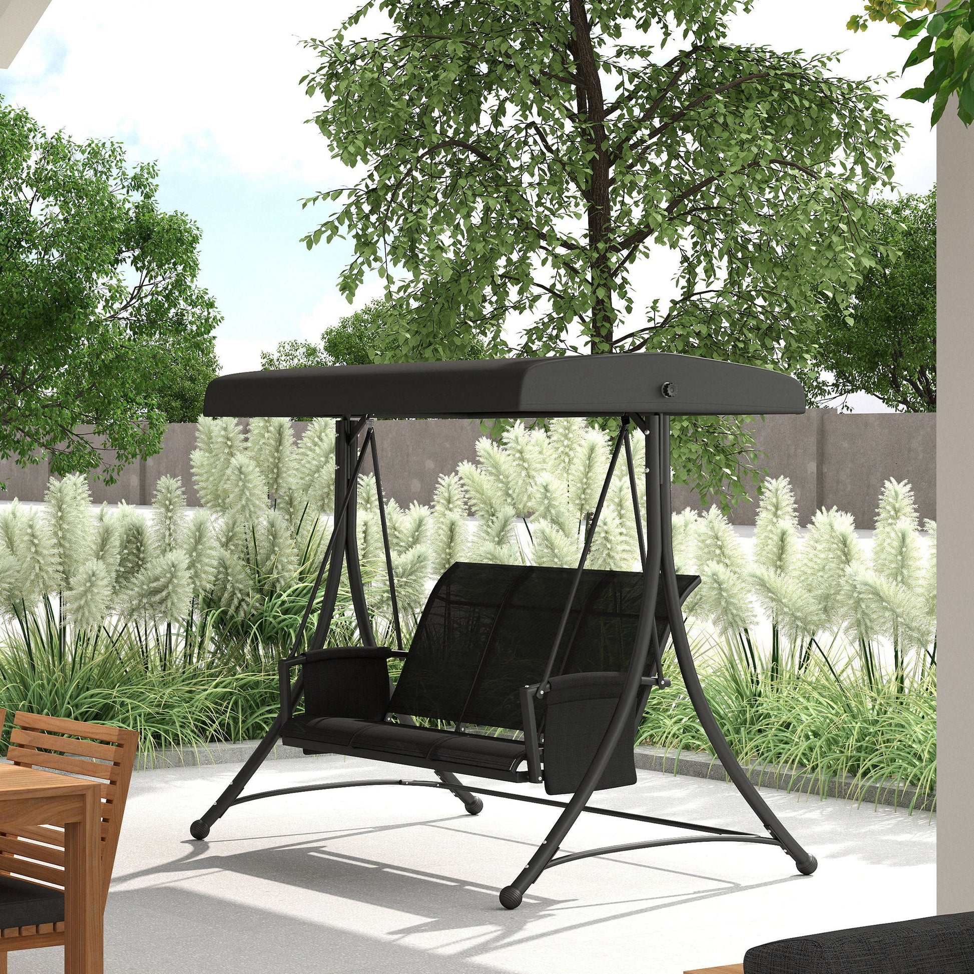 3 Person Porch Swing, Outdoor Swing Chair with High Back Design, Side Pouches and Adjustable Canopy, Black