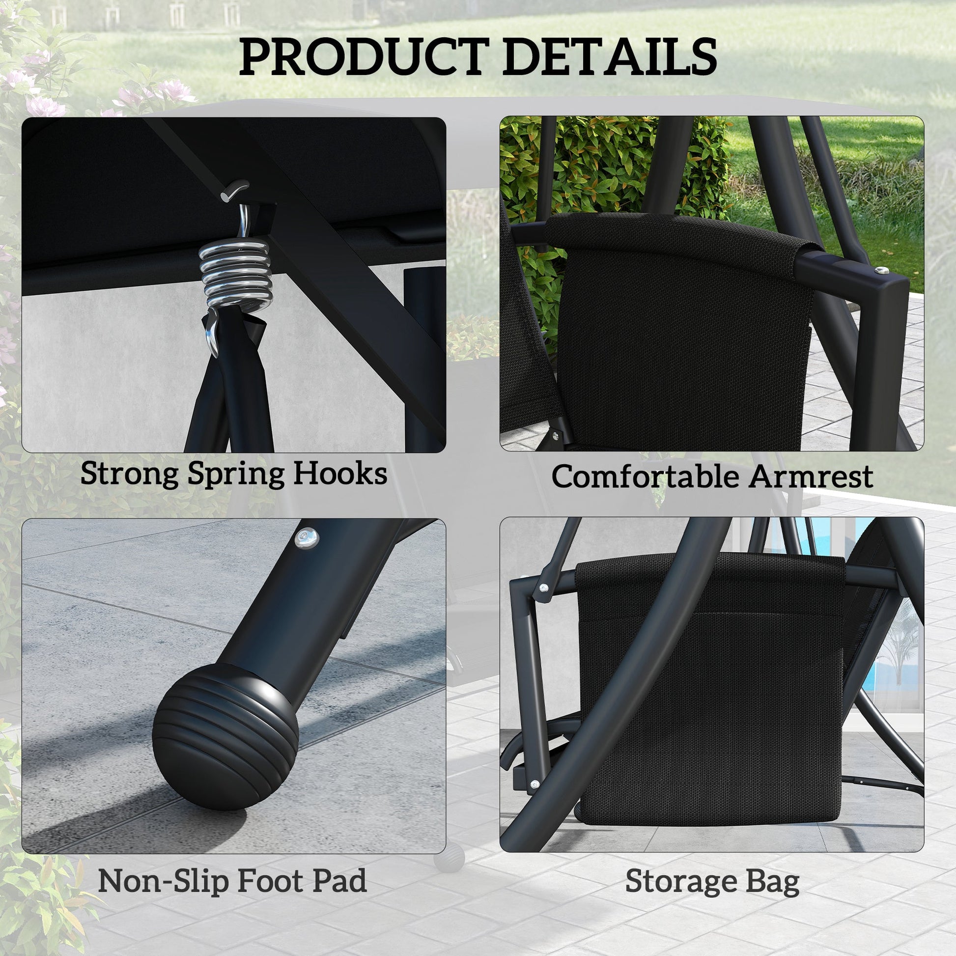 3 Person Porch Swing, Outdoor Swing Chair with High Back Design, Side Pouches and Adjustable Canopy, Black
