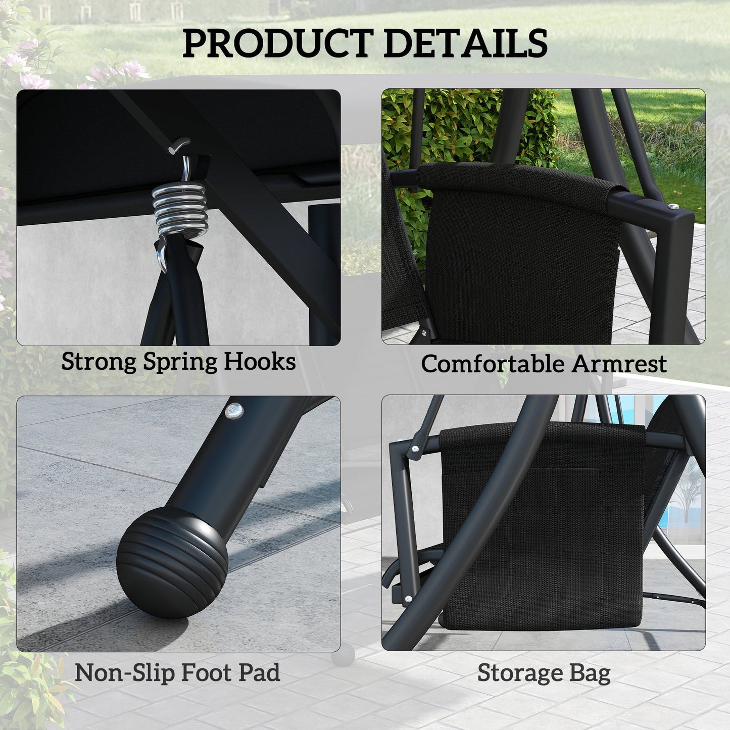 3 Person Porch Swing, Outdoor Swing Chair with High Back Design, Side Pouches and Adjustable Canopy, Black