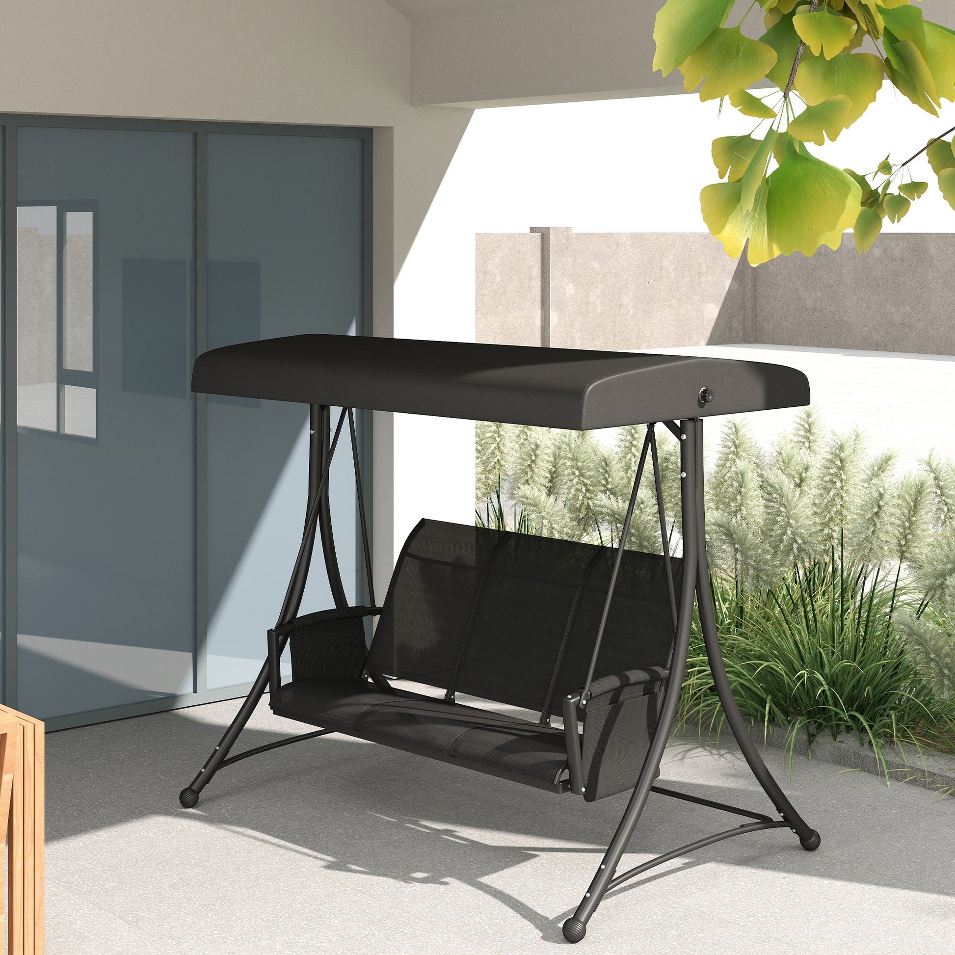 3 Person Porch Swing, Outdoor Swing Chair with High Back Design, Side Pouches and Adjustable Canopy, Black