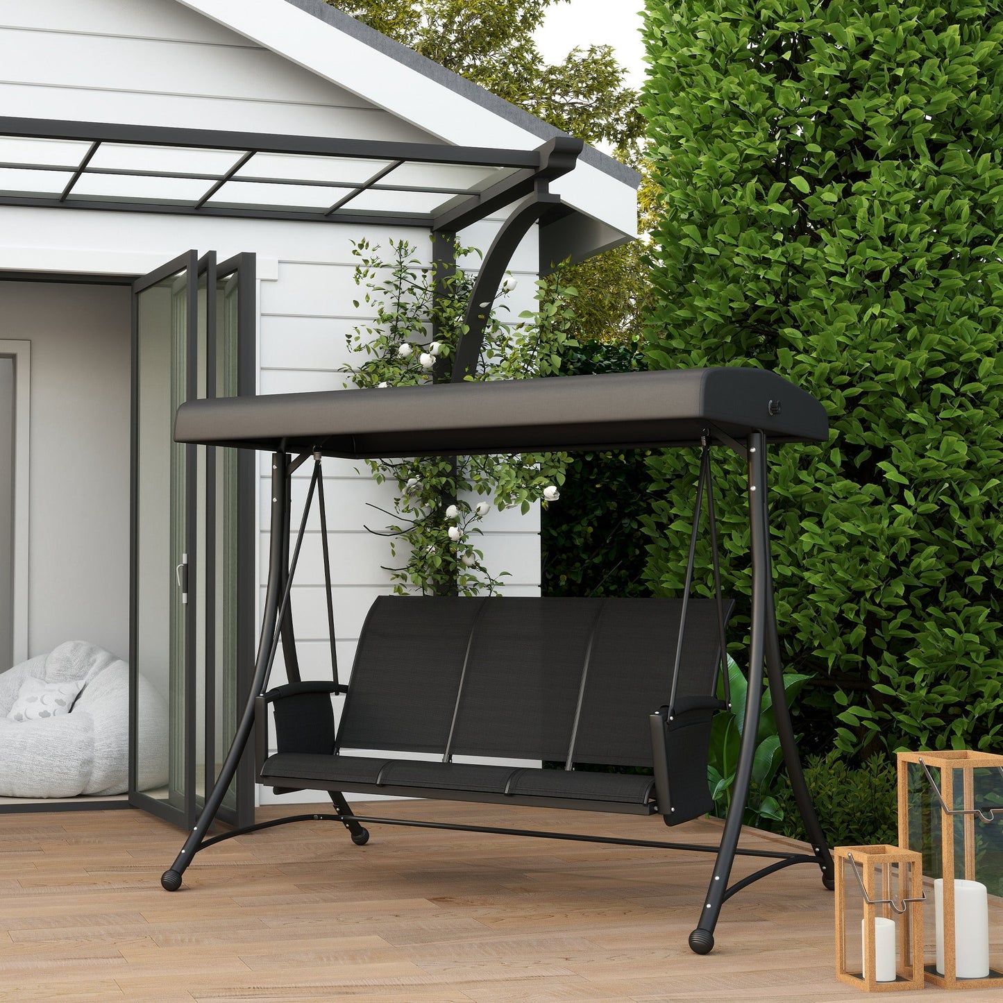 3 Person Porch Swing, Outdoor Swing Chair with High Back Design, Side Pouches and Adjustable Canopy, Black