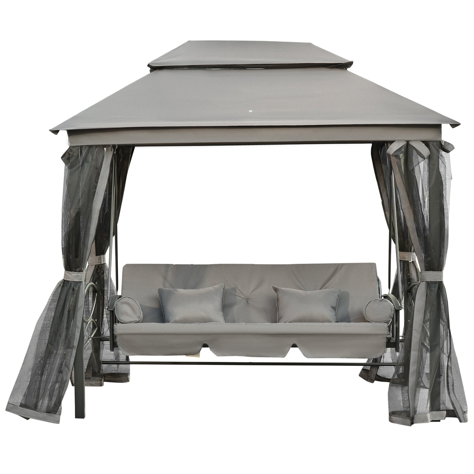 3 Person Outdoor Patio Daybed, 3 in 1 Canopy Gazebo Swing Chair Garden Hammock with Sun Shade, Mesh Mosquito and Net, Dark Grey