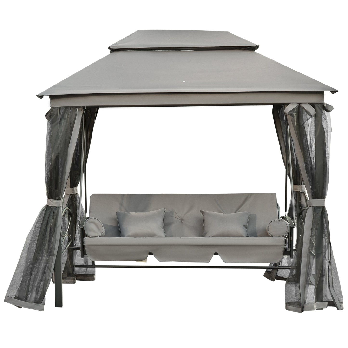 3 Person Outdoor Patio Daybed, 3 in 1 Canopy Gazebo Swing Chair Garden Hammock with Sun Shade, Mesh Mosquito and Net, Dark Grey