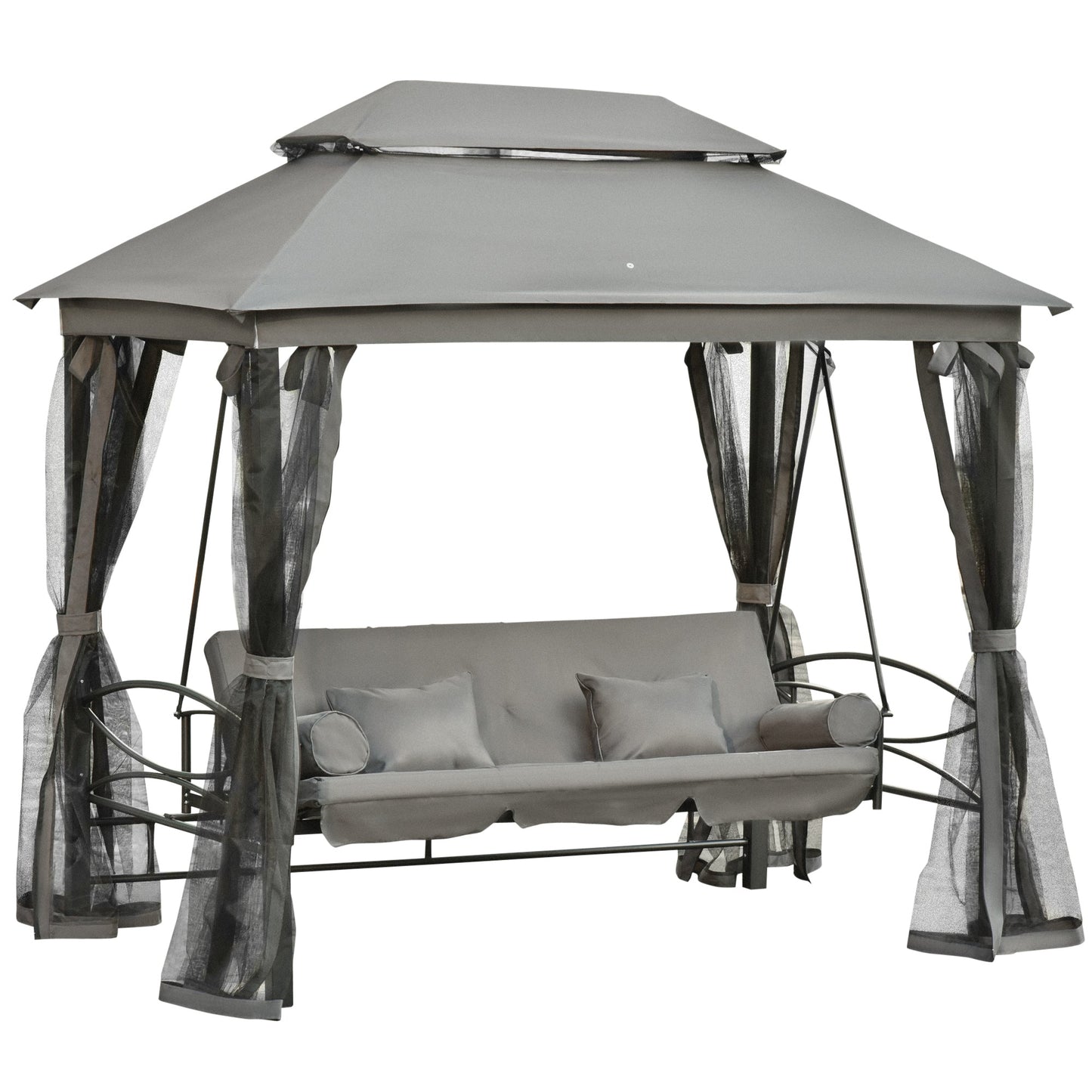 3 Person Outdoor Patio Daybed, 3 in 1 Canopy Gazebo Swing Chair Garden Hammock with Sun Shade, Mesh Mosquito and Net, Dark Grey