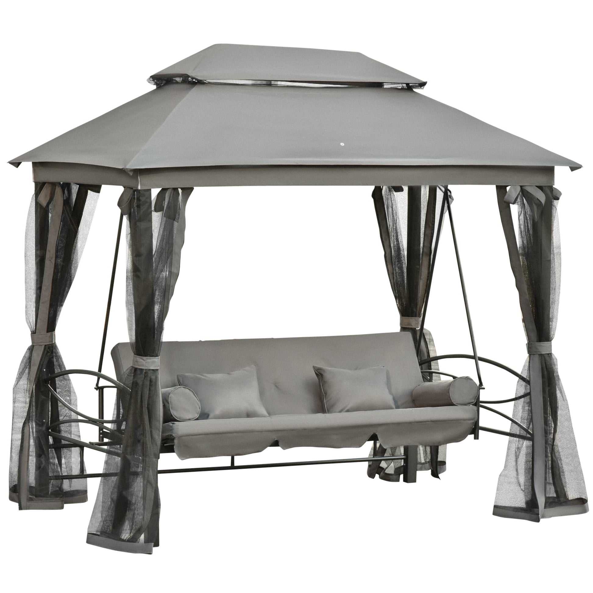 3 Person Outdoor Patio Daybed, 3 in 1 Canopy Gazebo Swing Chair Garden Hammock with Sun Shade, Mesh Mosquito and Net, Dark Grey