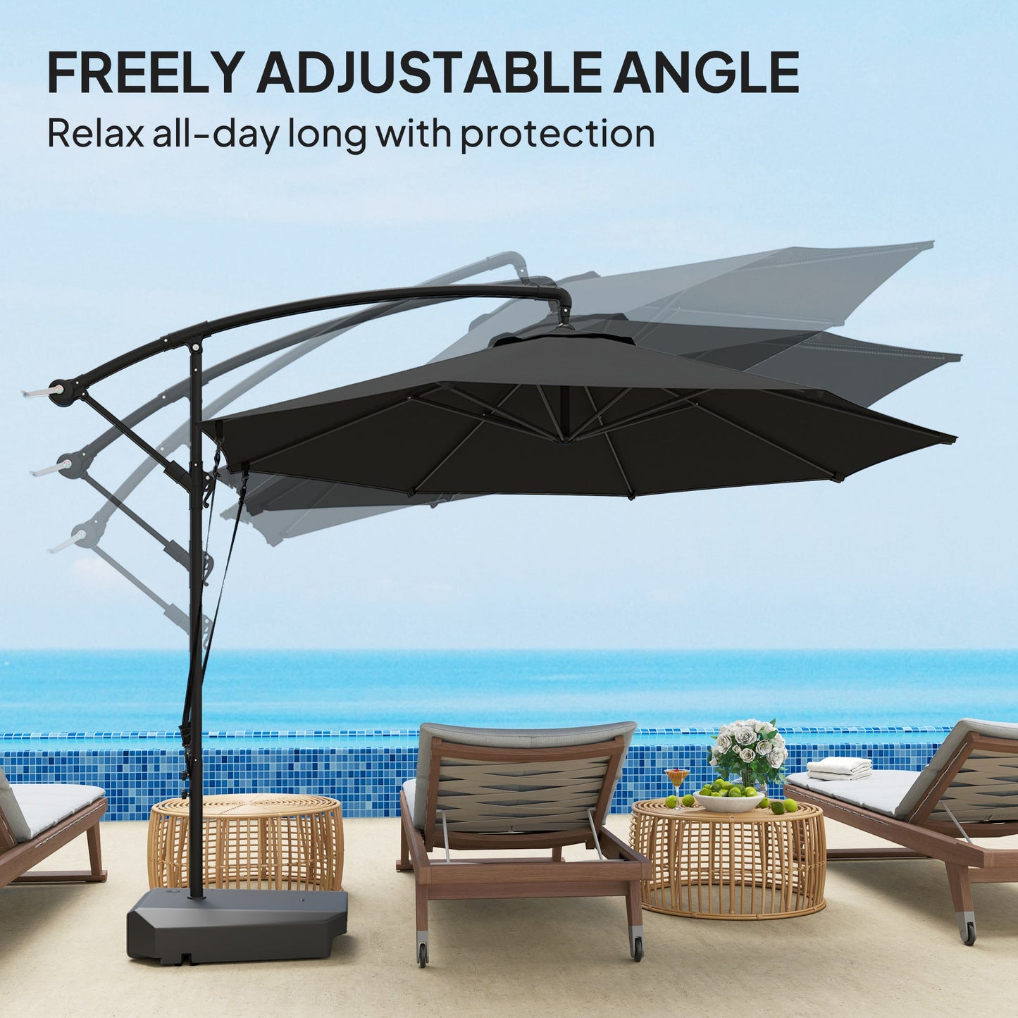 10FT Cantilever Patio Umbrella with Fillable Base, Wind Strap and Cover, Round Offset Hanging Umbrella with Crank, Cross Base for Garden, Deck, Yard, UPF50+, Grey