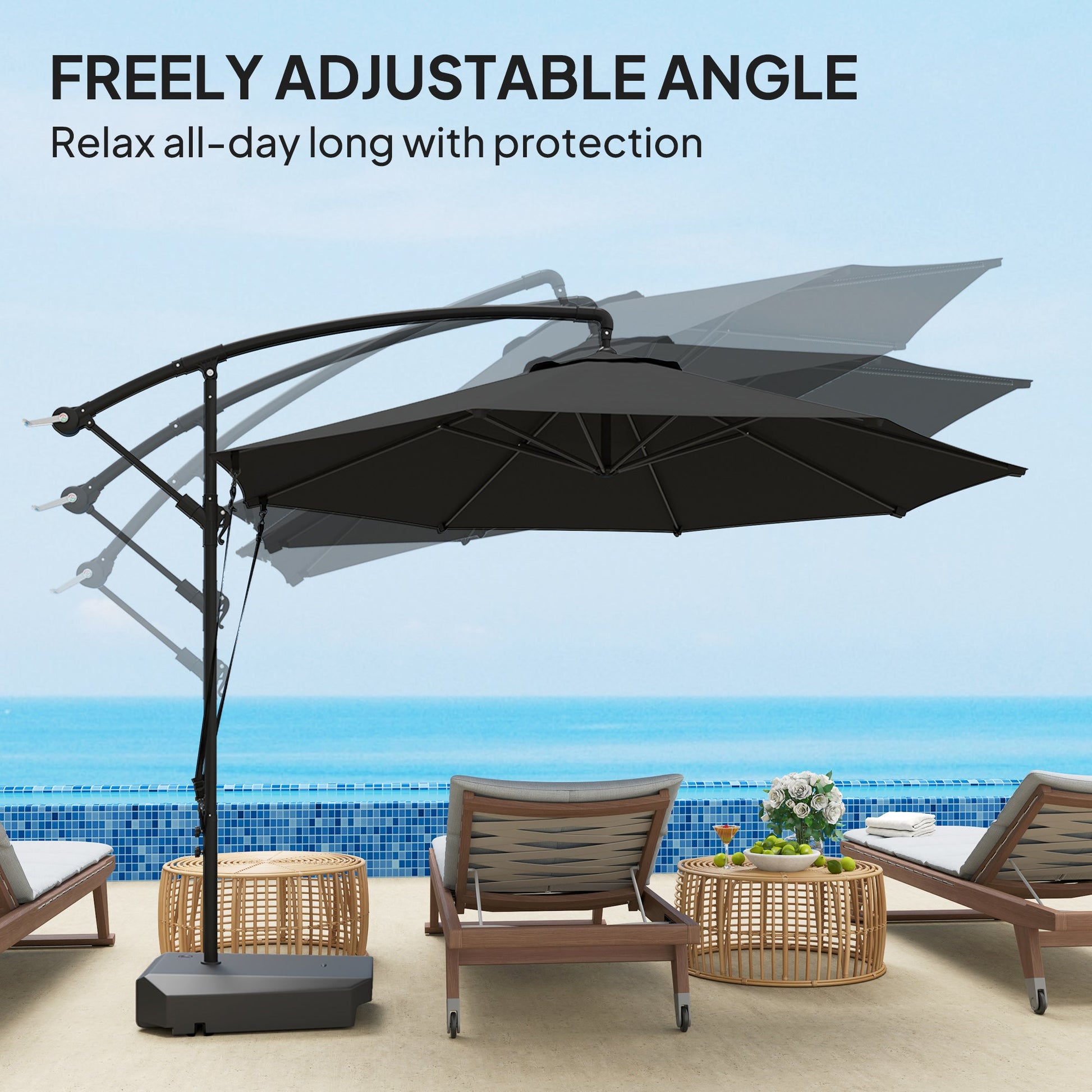 10FT Cantilever Patio Umbrella with Fillable Base, Wind Strap and Cover, Round Offset Hanging Umbrella with Crank, Cross Base for Garden, Deck, Yard, UPF50+, Grey