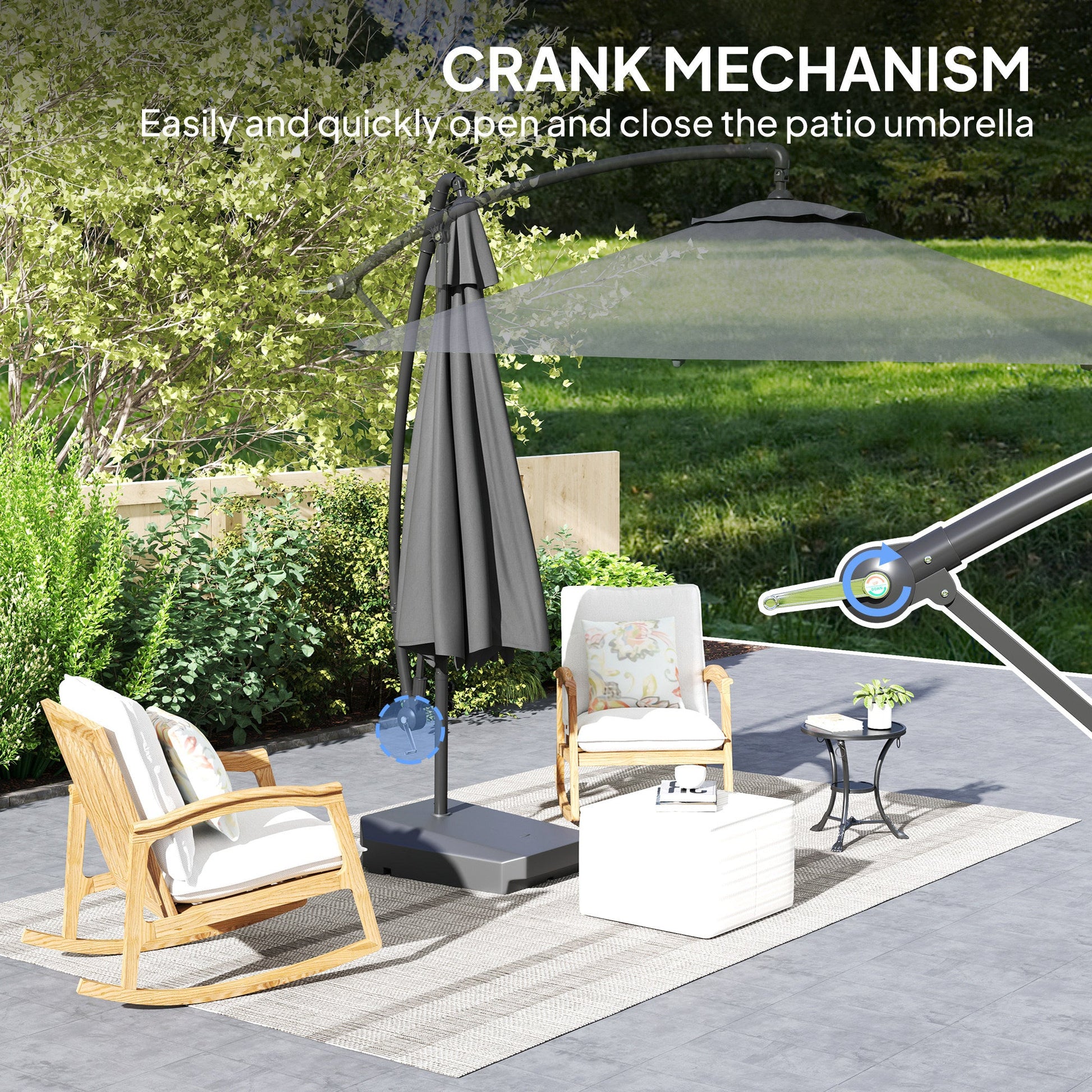 10FT Cantilever Patio Umbrella with Fillable Base, Wind Strap and Cover, Round Offset Hanging Umbrella with Crank, Cross Base for Garden, Deck, Yard, UPF50+, Grey