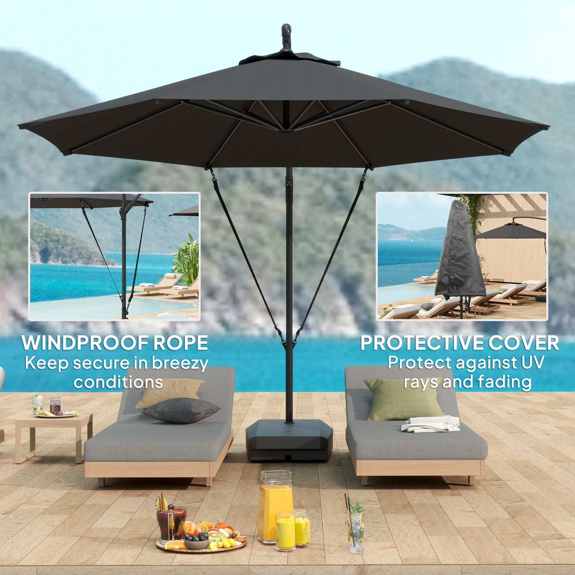 10FT Cantilever Patio Umbrella with Fillable Base, Wind Strap and Cover, Round Offset Hanging Umbrella with Crank, Cross Base for Garden, Deck, Yard, UPF50+, Grey