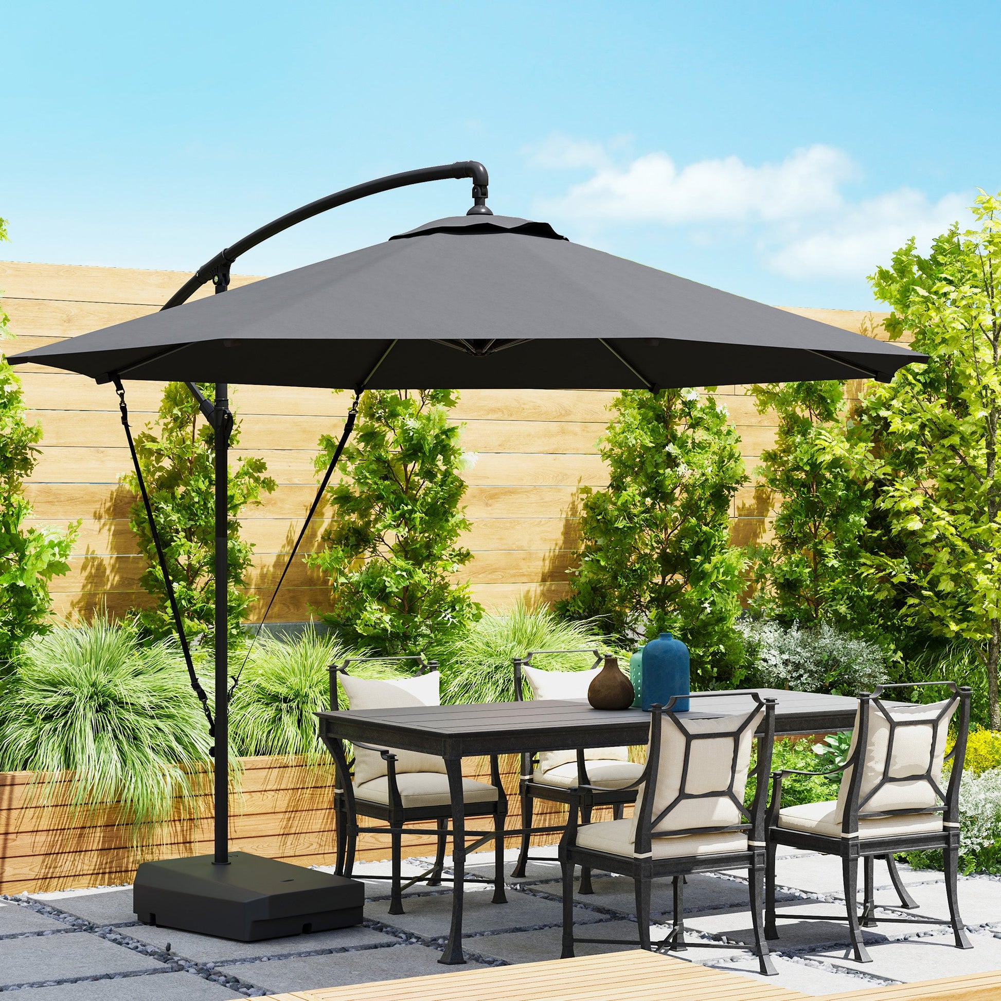 10FT Cantilever Patio Umbrella with Fillable Base, Wind Strap and Cover, Round Offset Hanging Umbrella with Crank, Cross Base for Garden, Deck, Yard, UPF50+, Grey