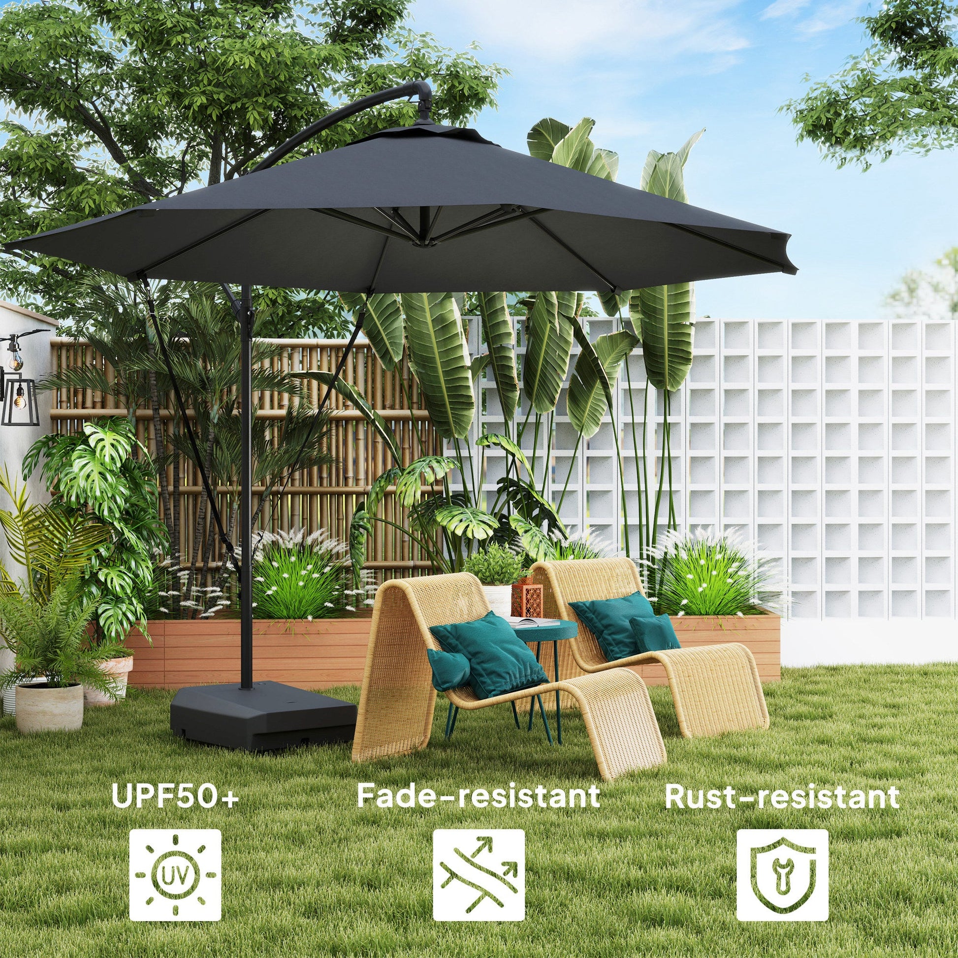 10FT Cantilever Patio Umbrella with Fillable Base, Wind Strap and Cover, Round Offset Hanging Umbrella with Crank, Cross Base for Garden, Deck, Yard, UPF50+, Grey