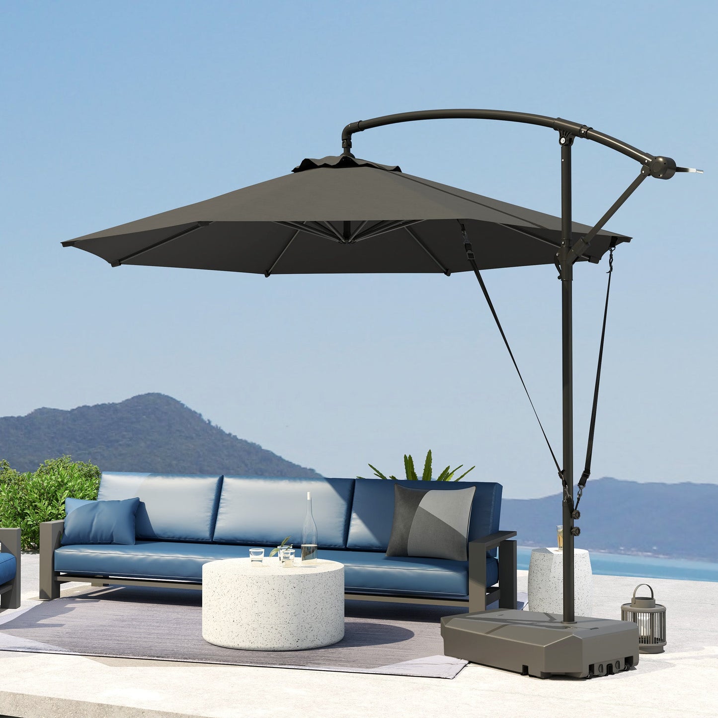10FT Cantilever Patio Umbrella with Fillable Base, Wind Strap and Cover, Round Offset Hanging Umbrella with Crank, Cross Base for Garden, Deck, Yard, UPF50+, Grey