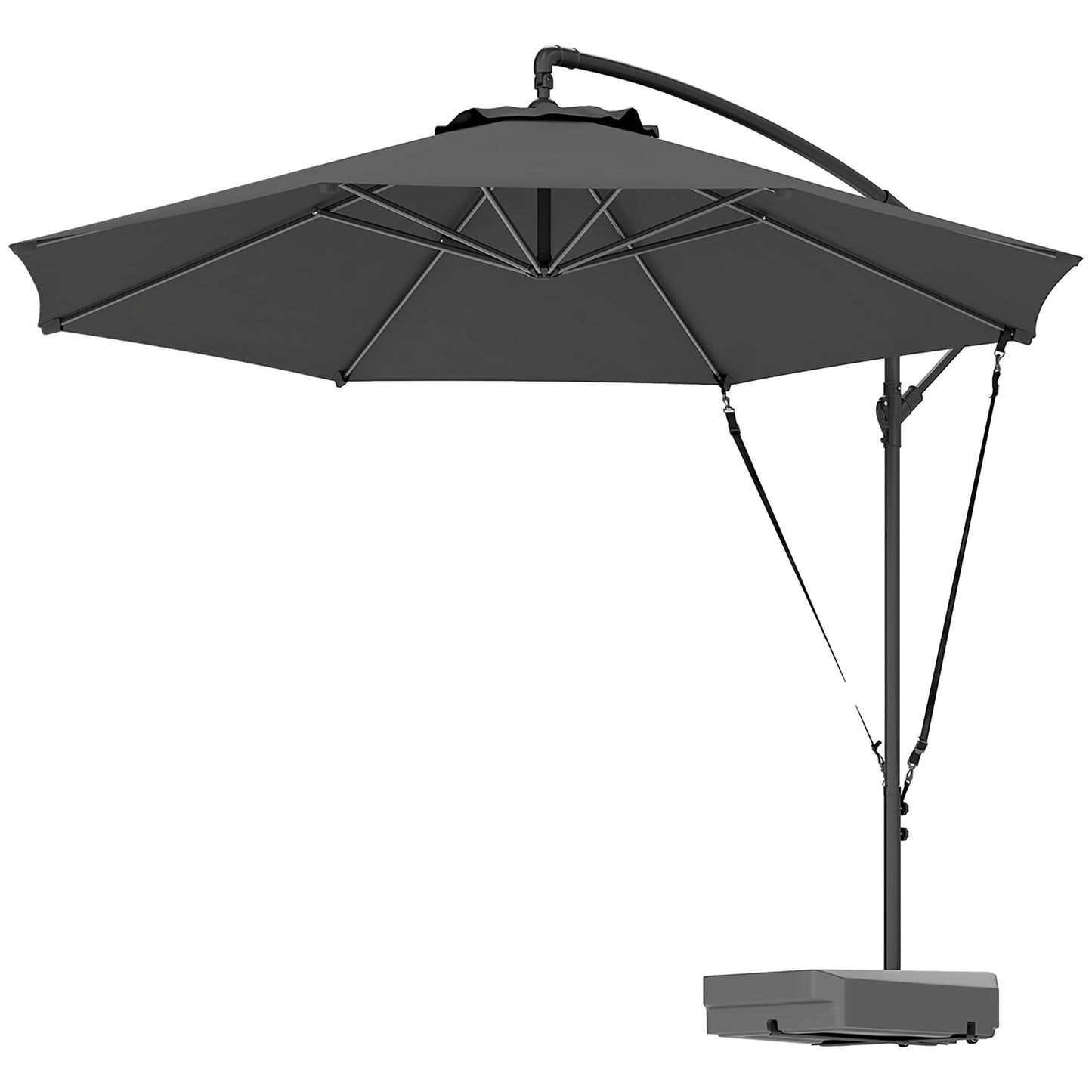 10FT Cantilever Patio Umbrella with Fillable Base, Wind Strap and Cover, Round Offset Hanging Umbrella with Crank, Cross Base for Garden, Deck, Yard, UPF50+, Grey
