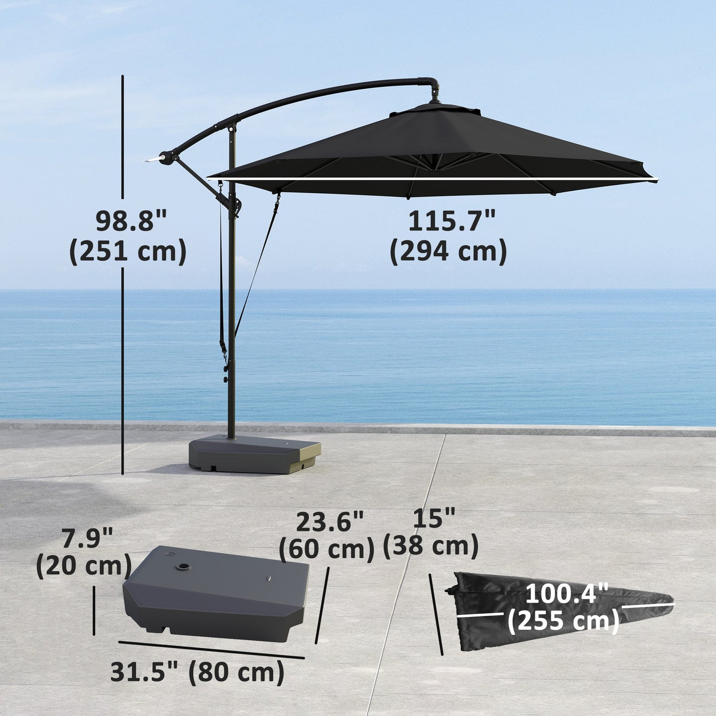 10FT Cantilever Patio Umbrella with Fillable Base, Wind Strap and Cover, Round Offset Hanging Umbrella with Crank, Cross Base for Garden, Deck, Yard, UPF50+, Grey