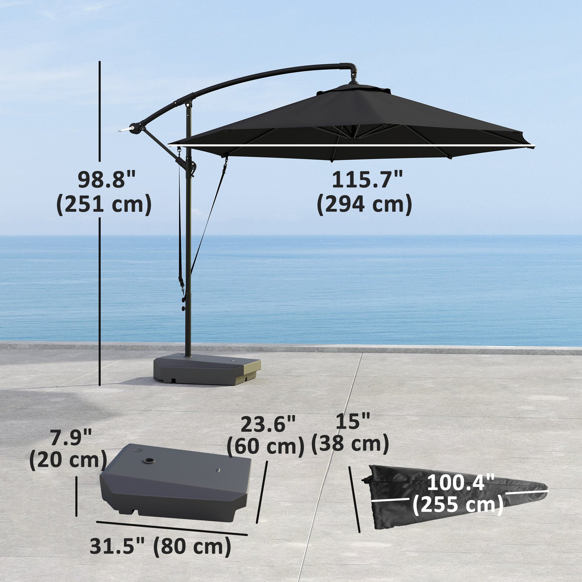 10FT Cantilever Patio Umbrella with Fillable Base, Wind Strap and Cover, Round Offset Hanging Umbrella with Crank, Cross Base for Garden, Deck, Yard, UPF50+, Grey