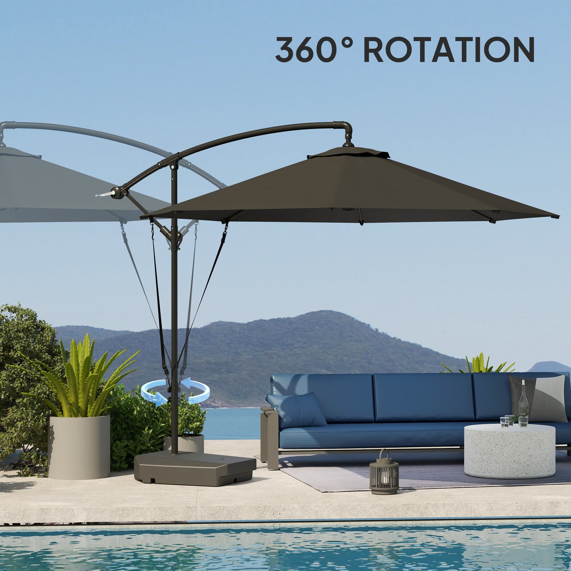 10FT Cantilever Patio Umbrella with Fillable Base, Wind Strap and Cover, Round Offset Hanging Umbrella with Crank, Cross Base for Garden, Deck, Yard, UPF50+, Grey