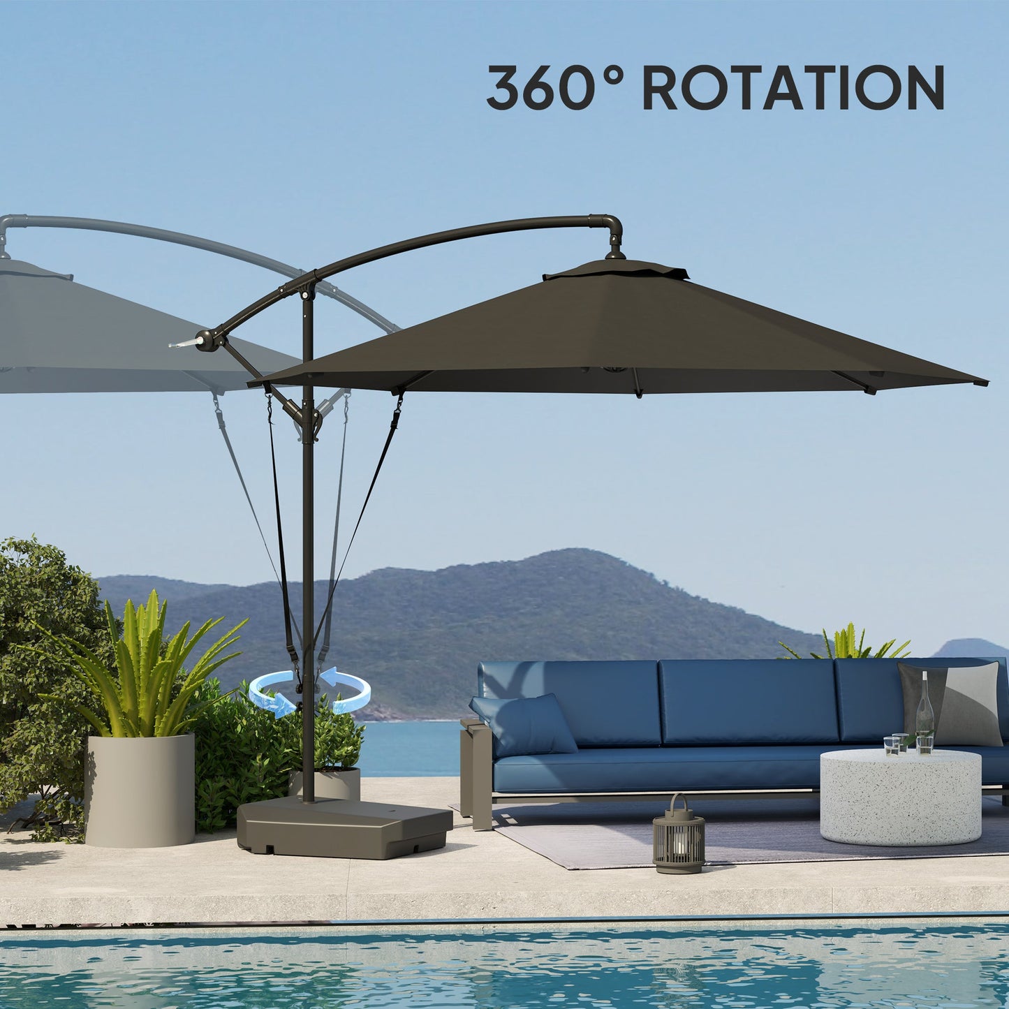 10FT Cantilever Patio Umbrella with Fillable Base, Wind Strap and Cover, Round Offset Hanging Umbrella with Crank, Cross Base for Garden, Deck, Yard, UPF50+, Grey